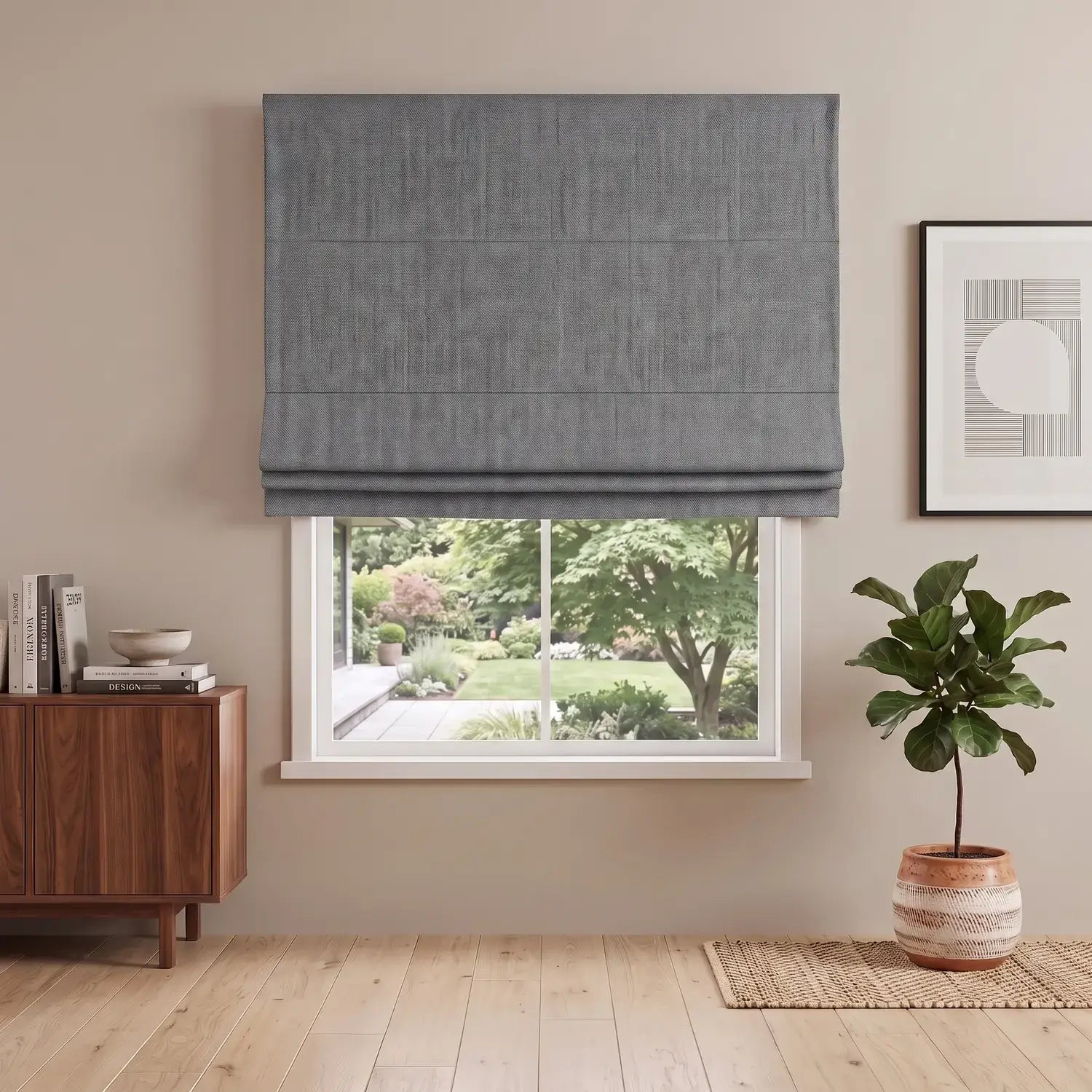 Custom Roman Shade - Pearl Grey in room