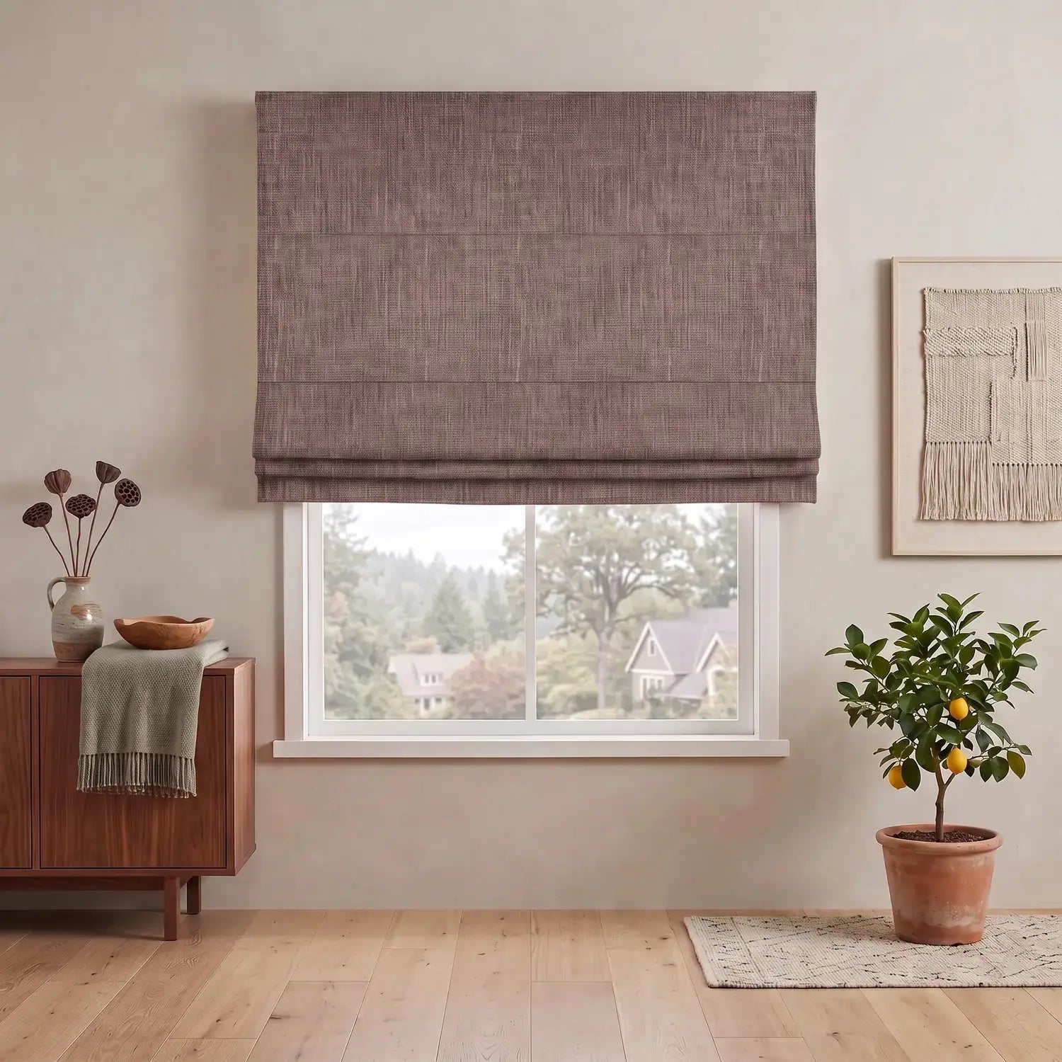 Custom Roman Shade - Blush Red in room