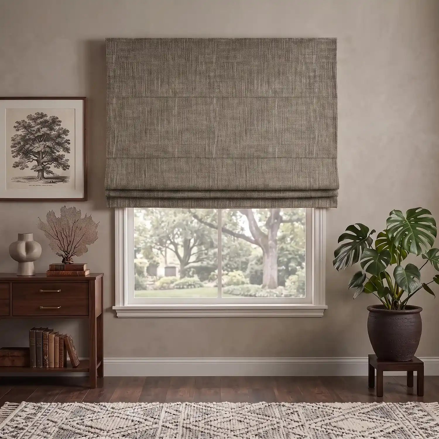 Custom Roman Shade - Latte Brown in room