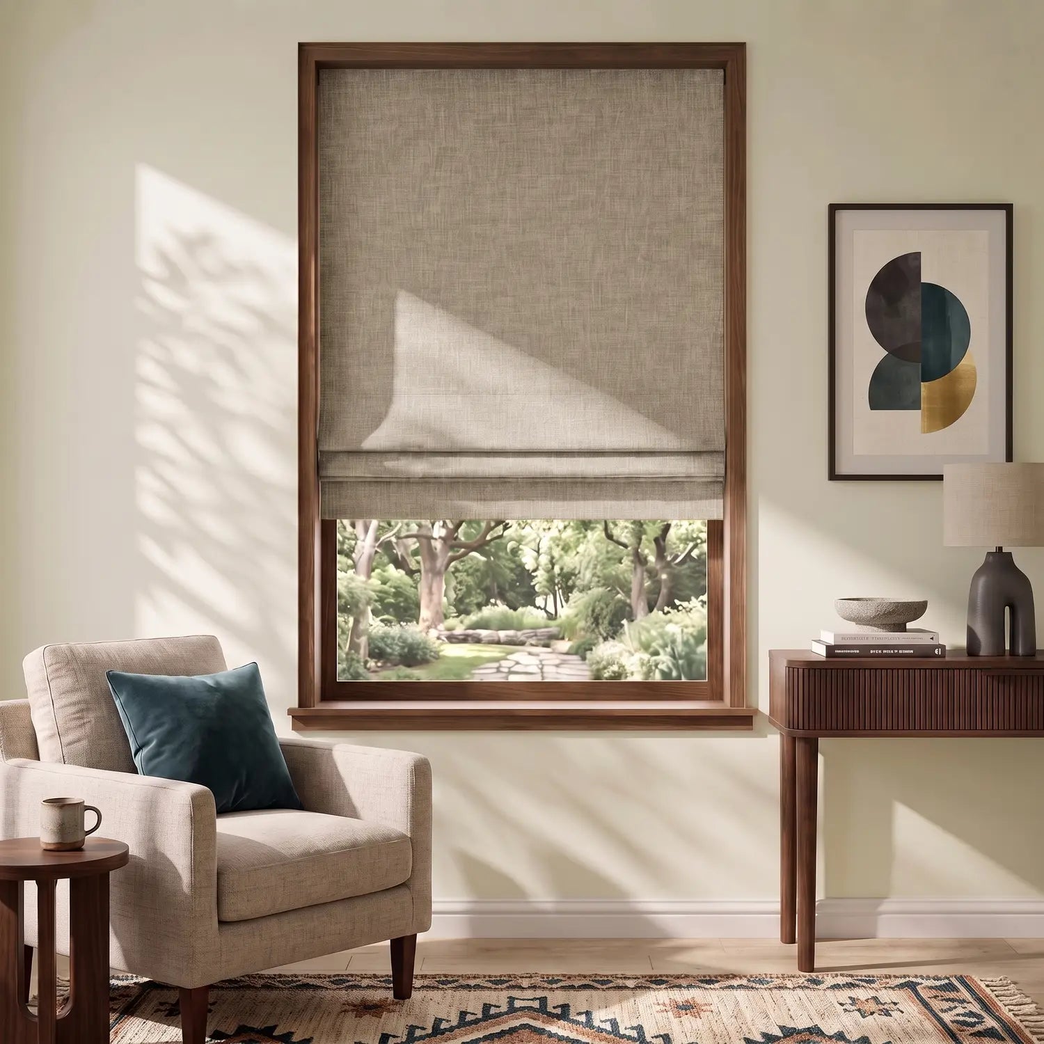 Custom Roman Shade - Oat Beige in room