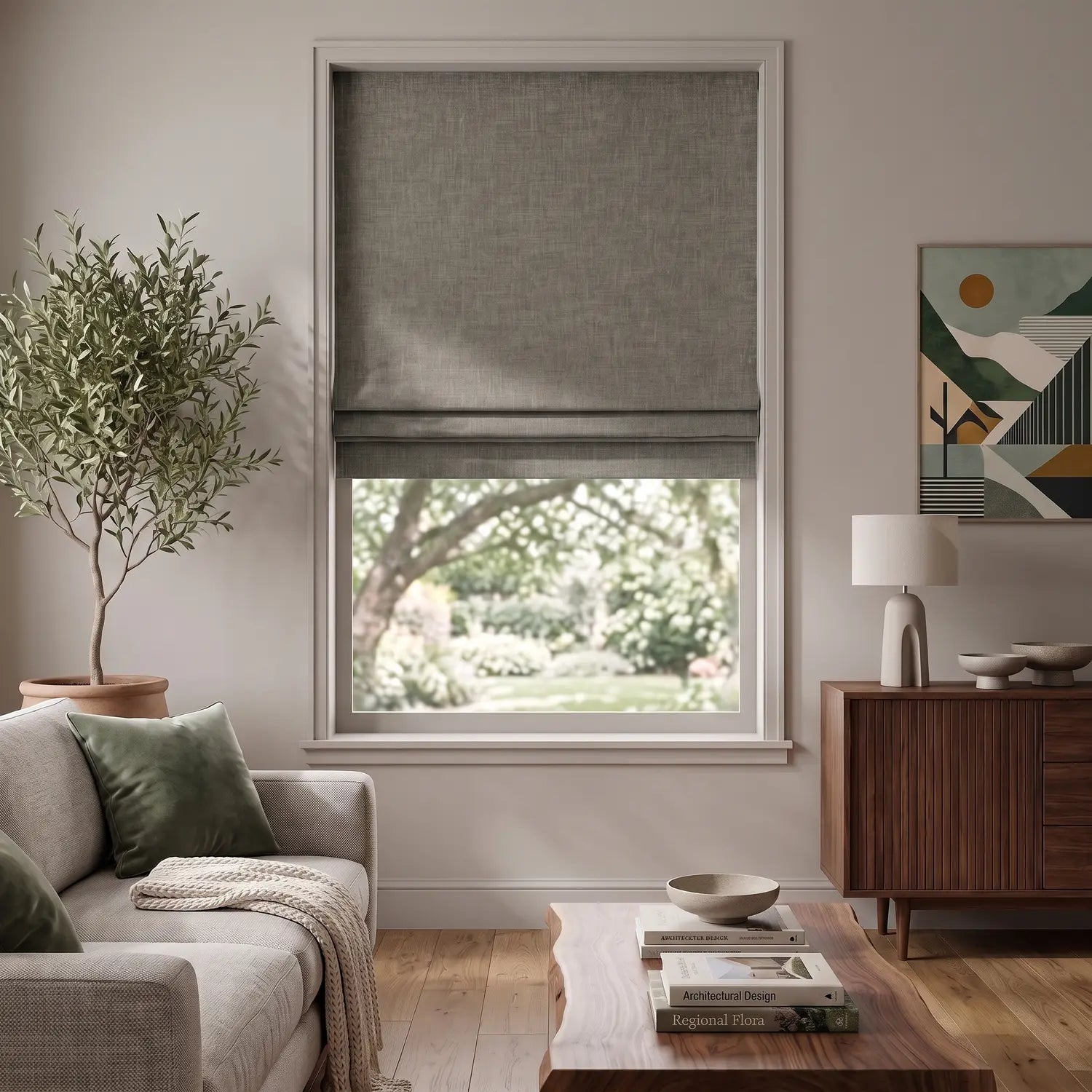Custom Roman Shade - Mushroom in room