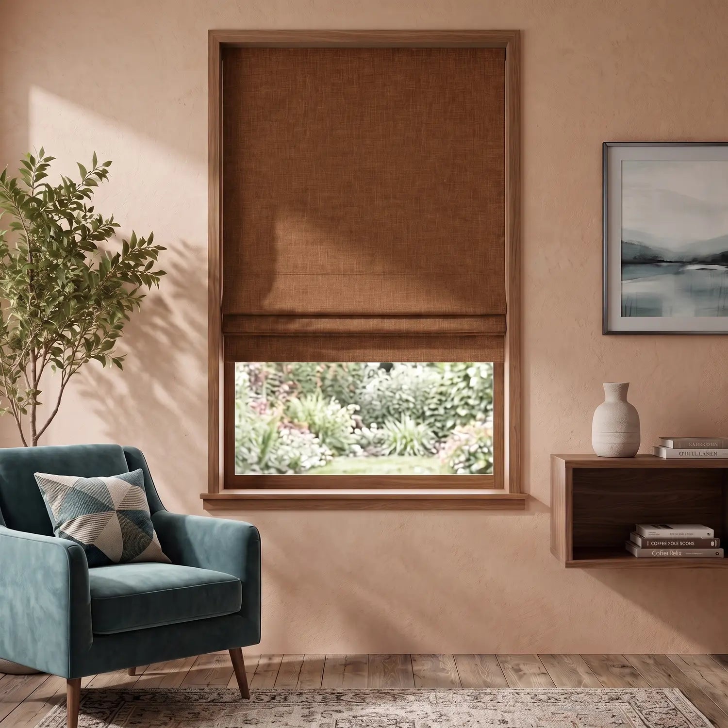 Custom Roman Shade - Mocha Brown in room