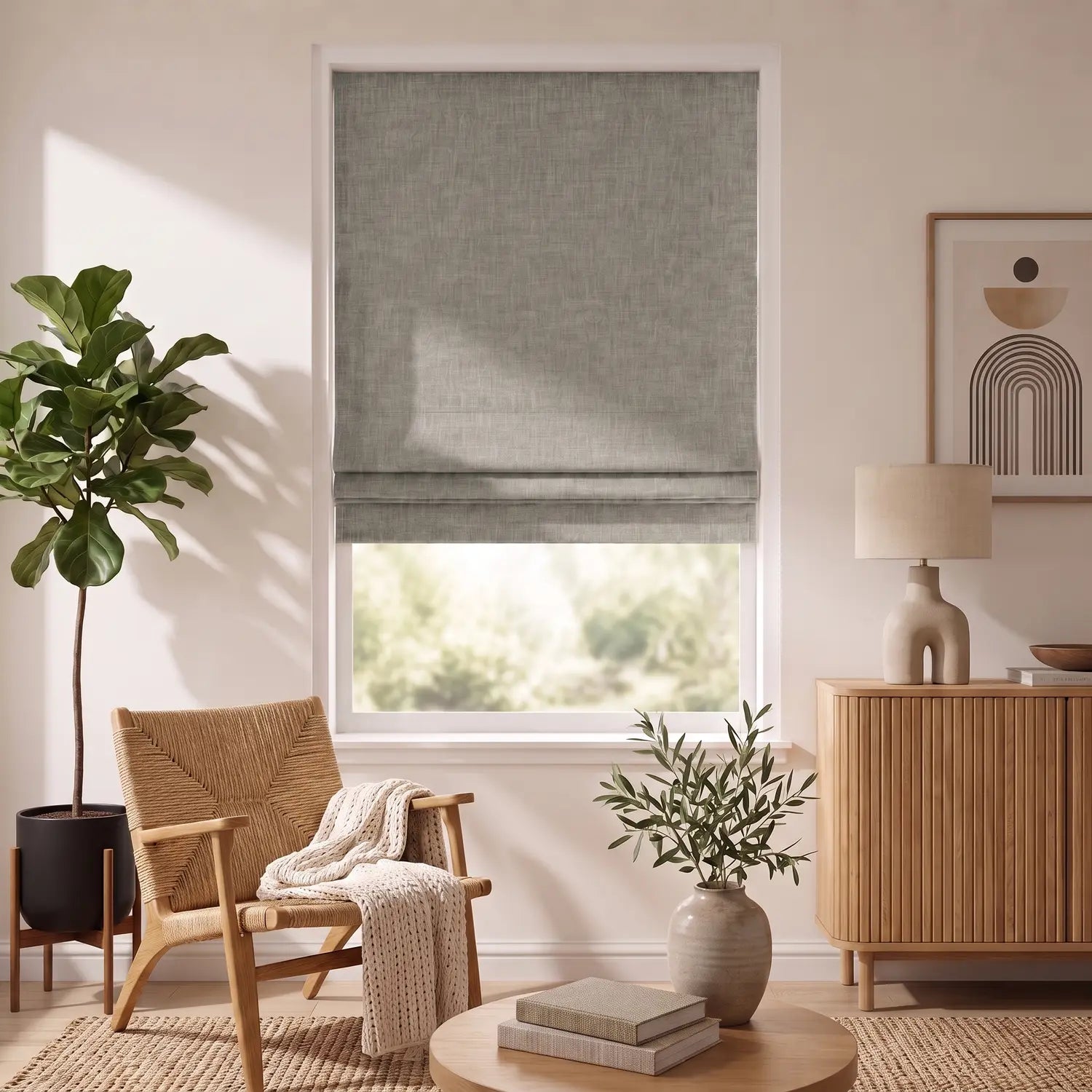 Custom Roman Shade - Greige in room