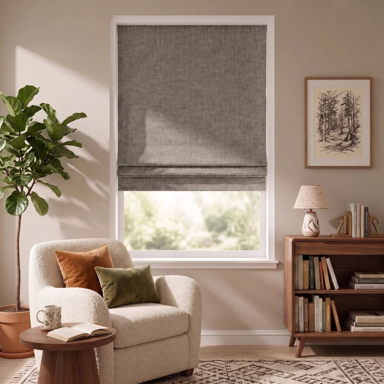 Custom Roman Shade - Warm Taupe in room