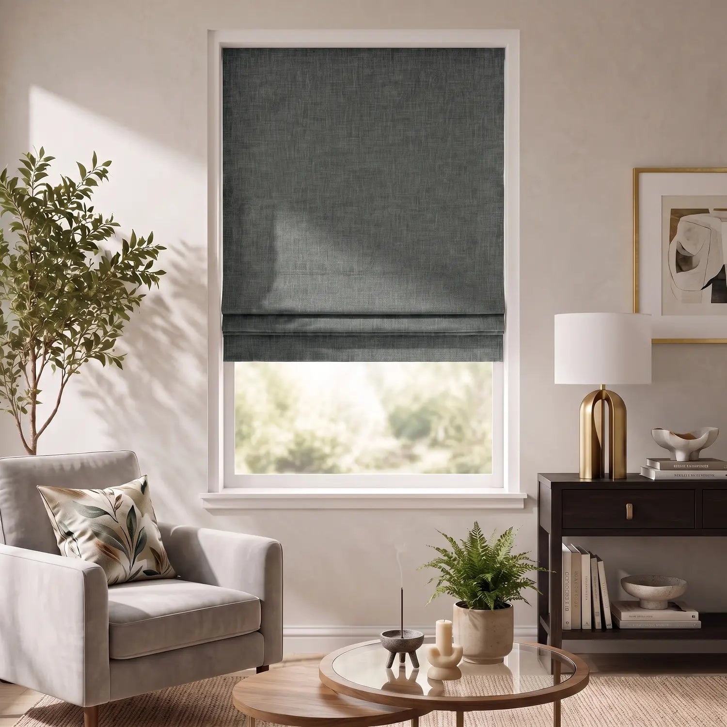Custom Roman Shade - Silver Grey in room