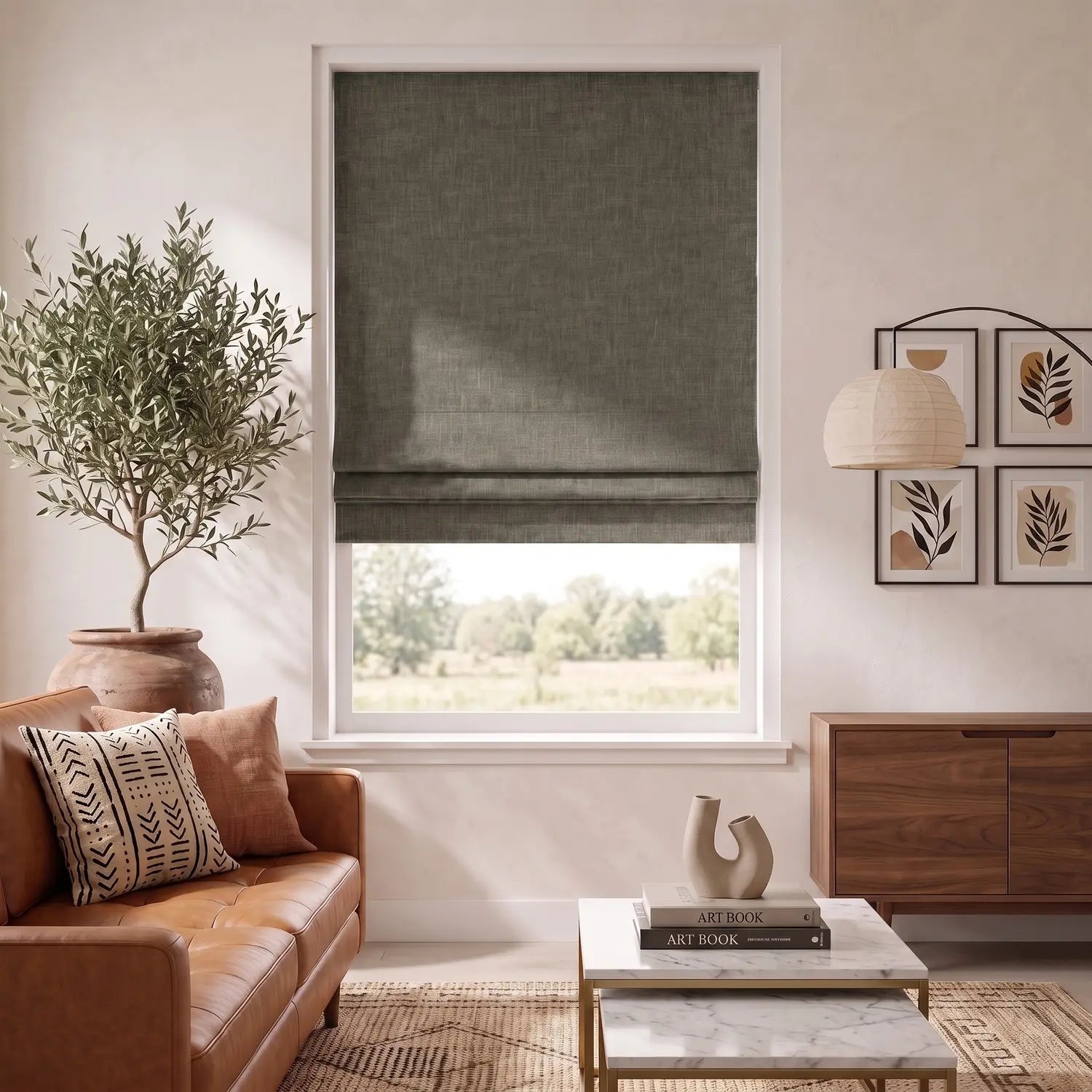 Custom Roman Shade - Clay Taupe in room