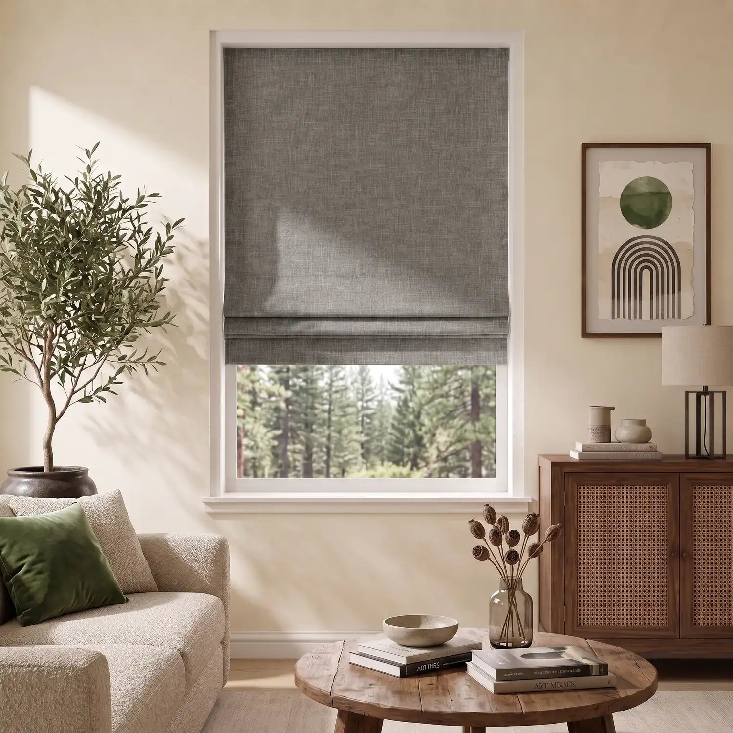 Custom Roman Shade - Ash Grey in room