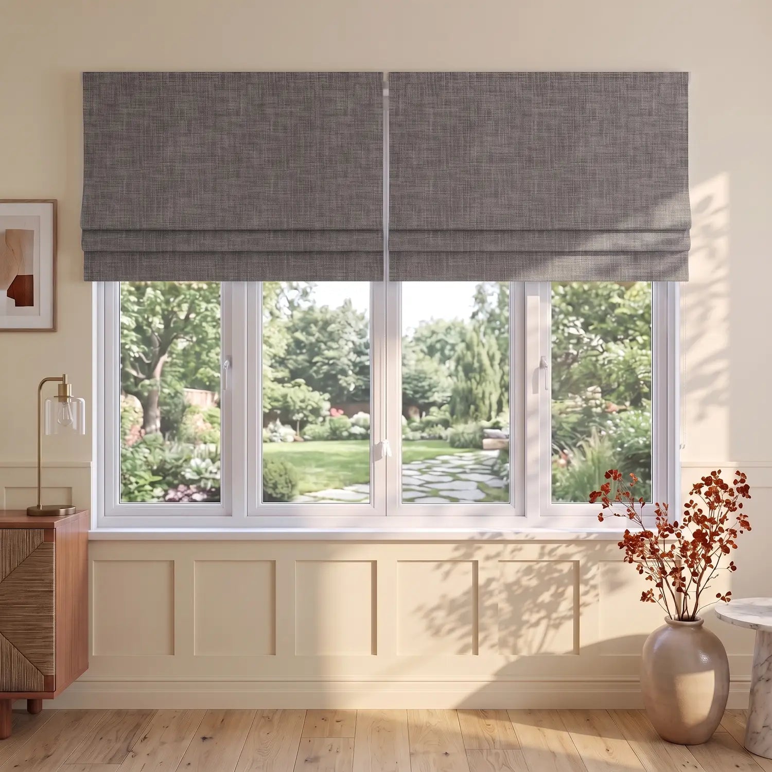 Custom Roman Shade - Pearl Grey in room