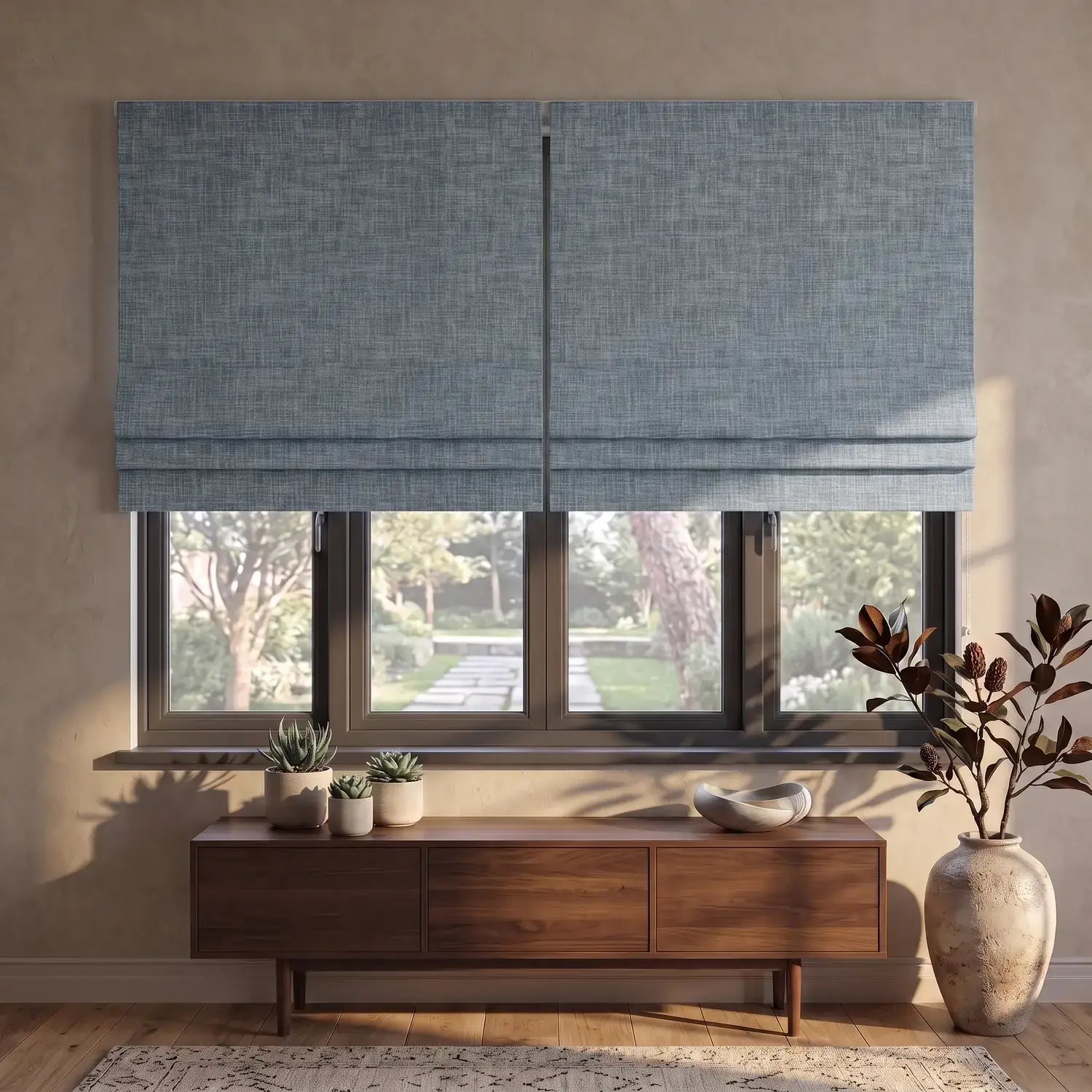 Custom Roman Shade - Powder Blue in room