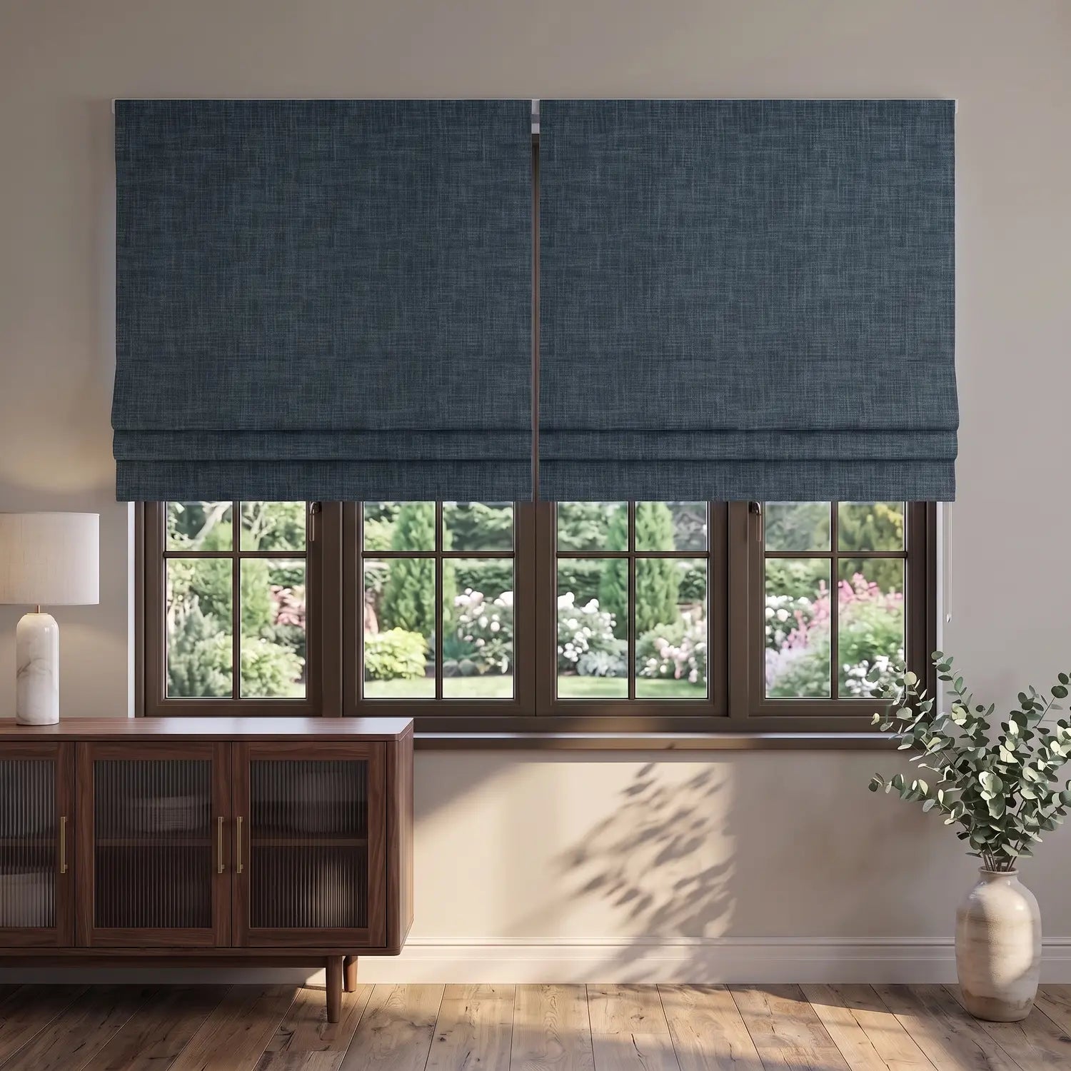 Custom Roman Shade - Dusty Blue in room