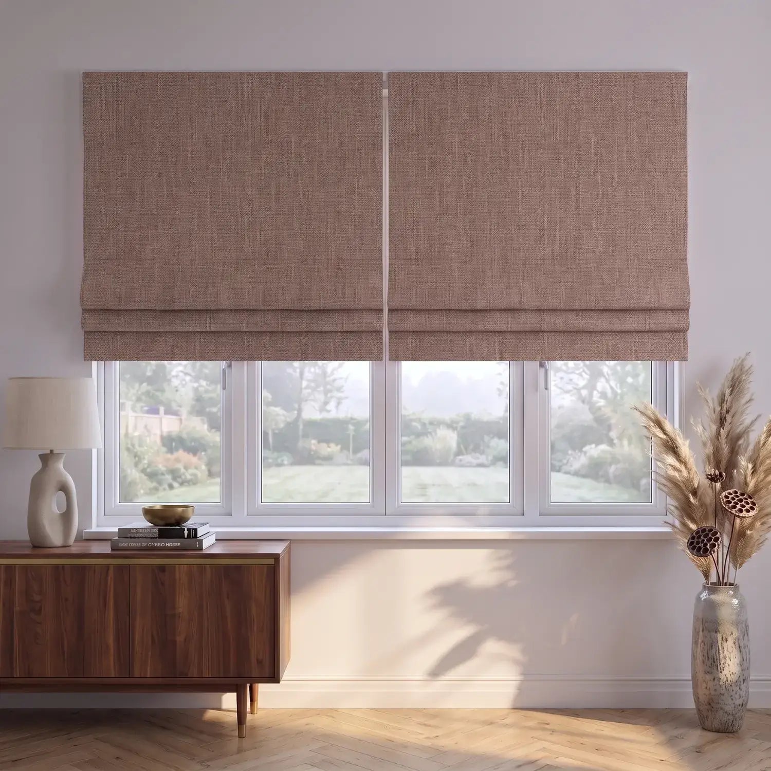 Custom Roman Shade - Blush Red in room