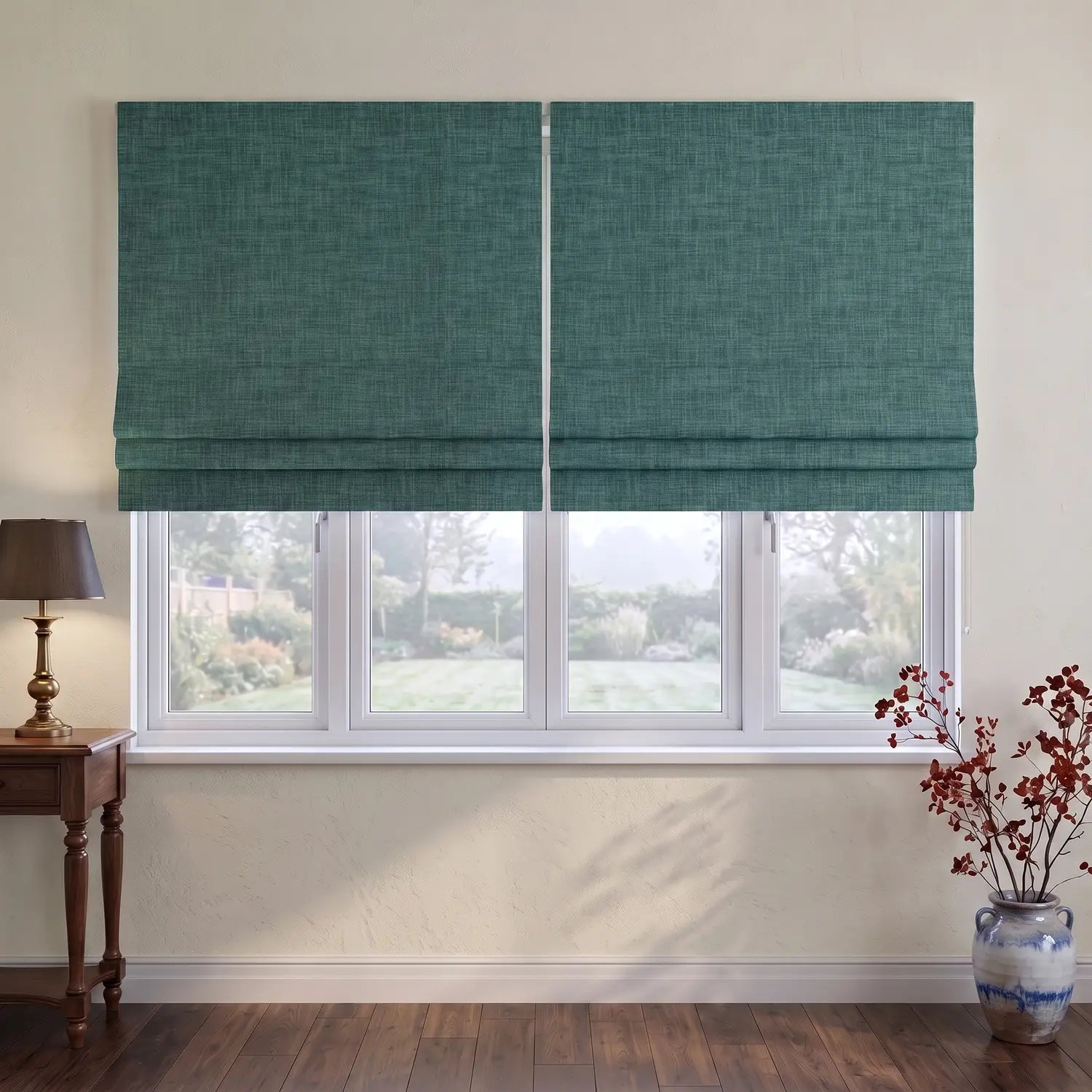 Custom Roman Shade - Sea Teal in room
