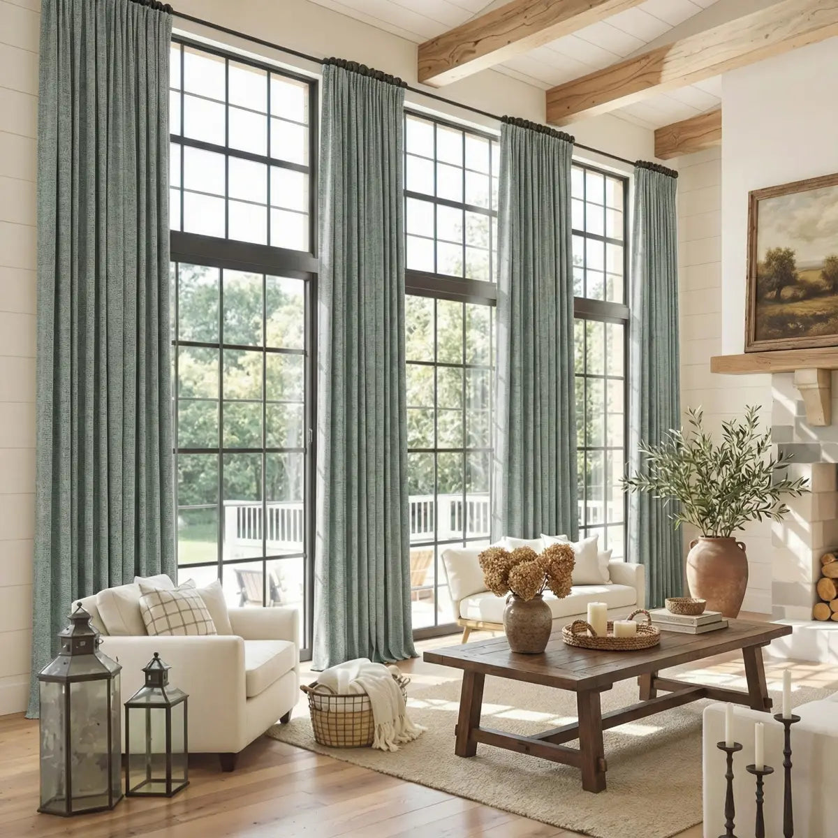 DraperyUS Custom Extra Long 100% Blackout Linen Curtains - Sage Green - A fresh, low-saturation green for a serene feel.