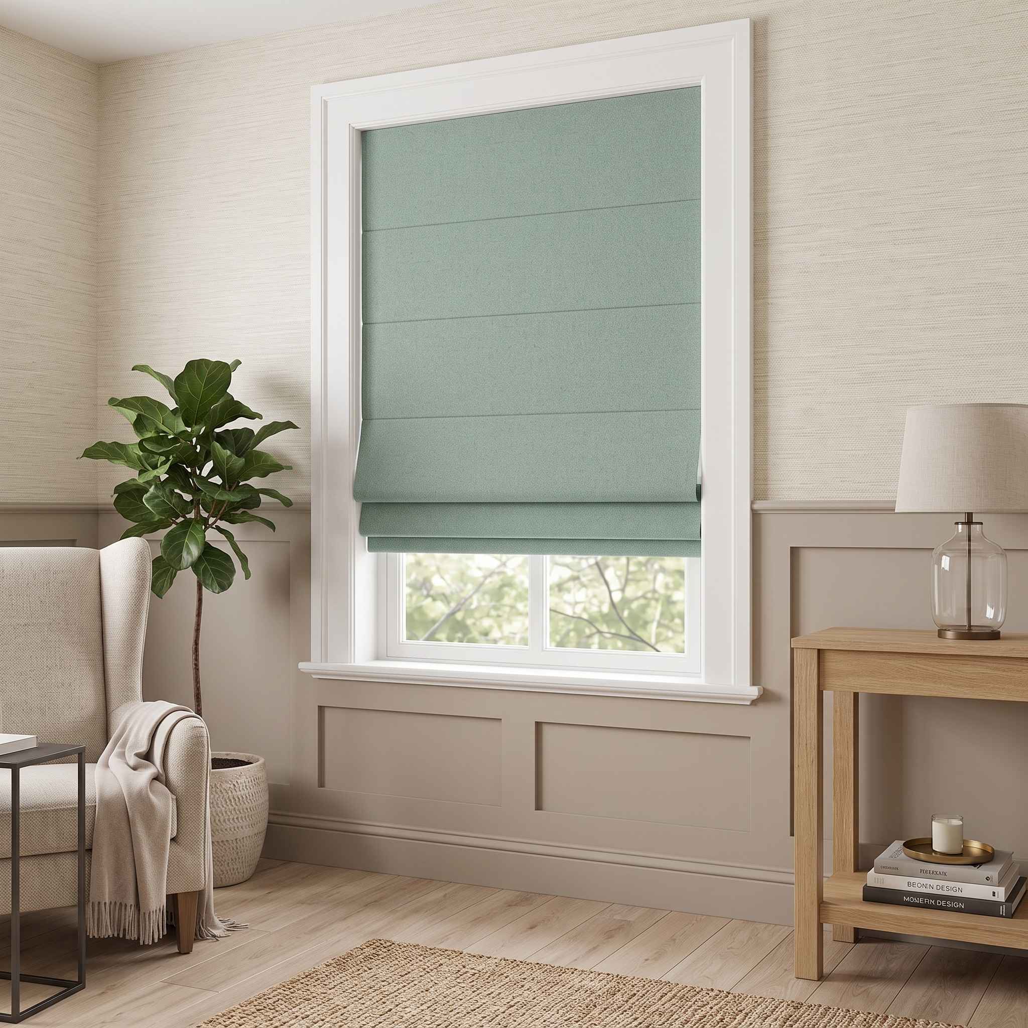 DraperyUS Custom Roman Shades - Sage Green - A fresh, low-saturation green for a serene feel.