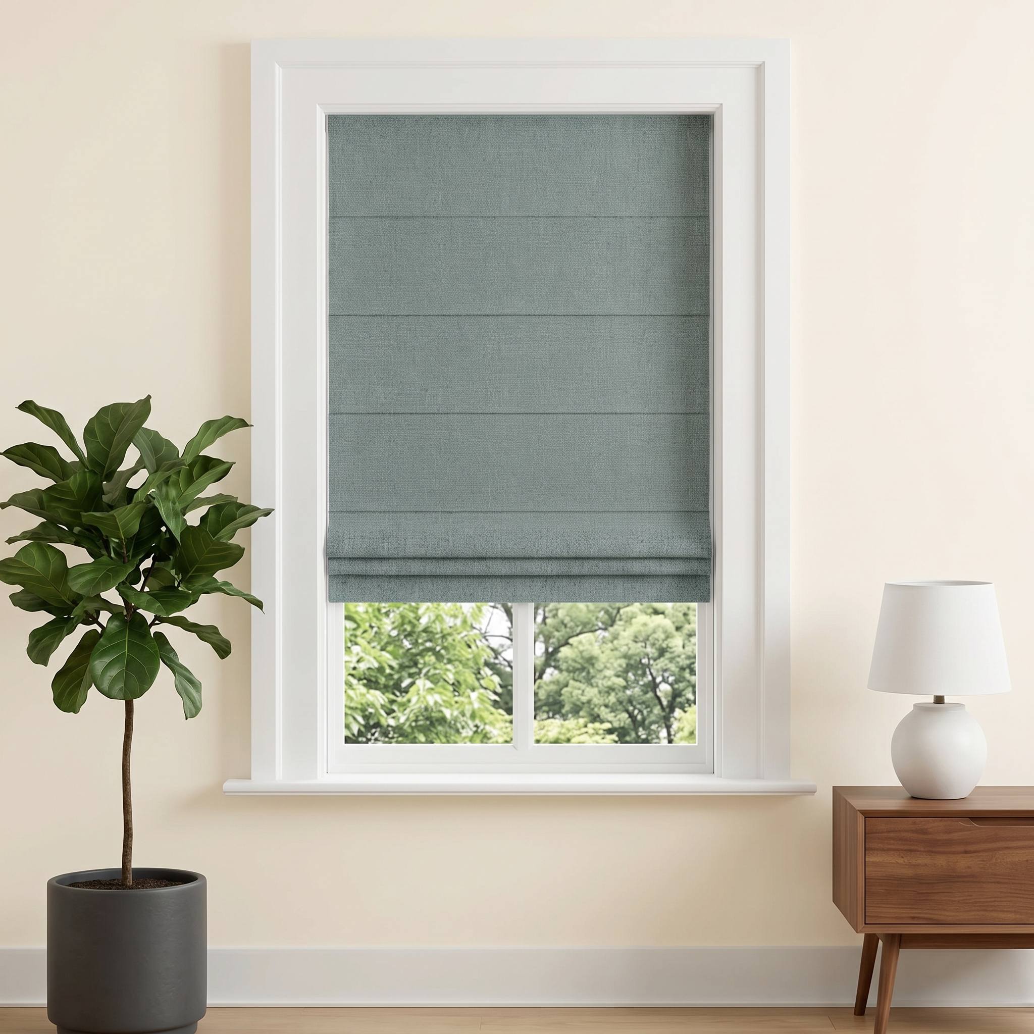 DraperyUS Custom Roman Shades - Ocean Green - A light cyan-blue reminiscent of tranquil waters.