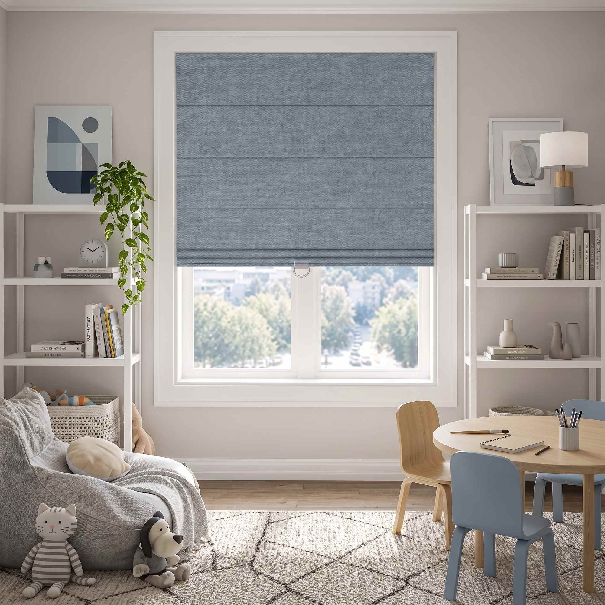 DraperyUS Custom Roman Shades - Denim Blue - A classic blue tone with a rugged denim texture.