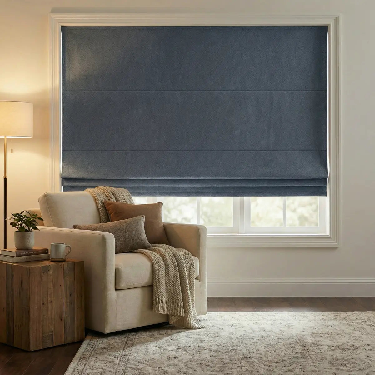 DraperyUS Custom Roman Shades - Denim Blue - A classic blue tone with a rugged denim texture.
