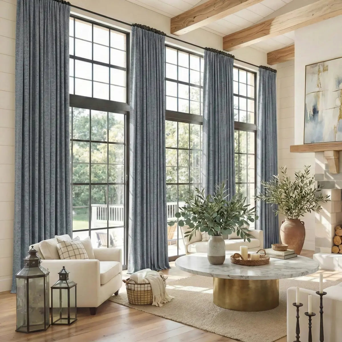 DraperyUS Custom Extra Long 100% Blackout Linen Curtains - Denim Blue - A classic blue tone with a rugged denim texture.