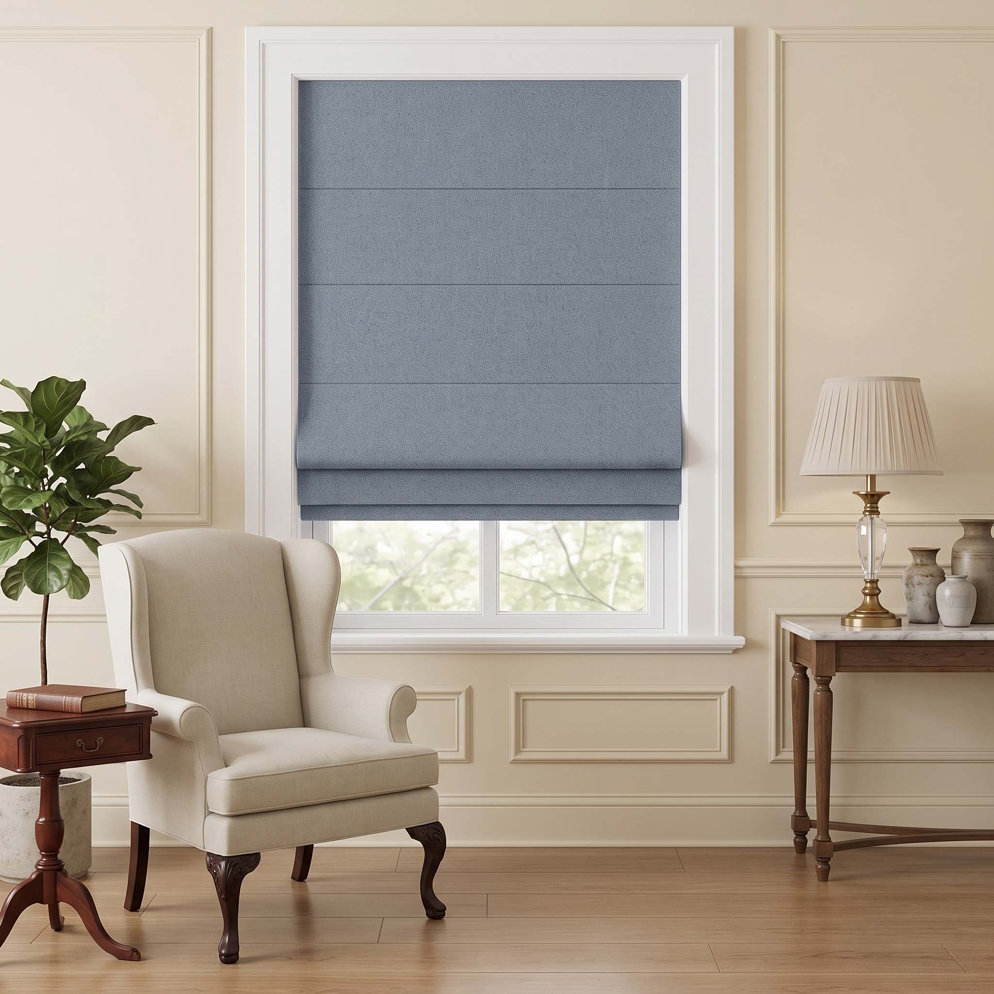DraperyUS Custom Roman Shades - Denim Blue - A classic blue tone with a rugged denim texture.