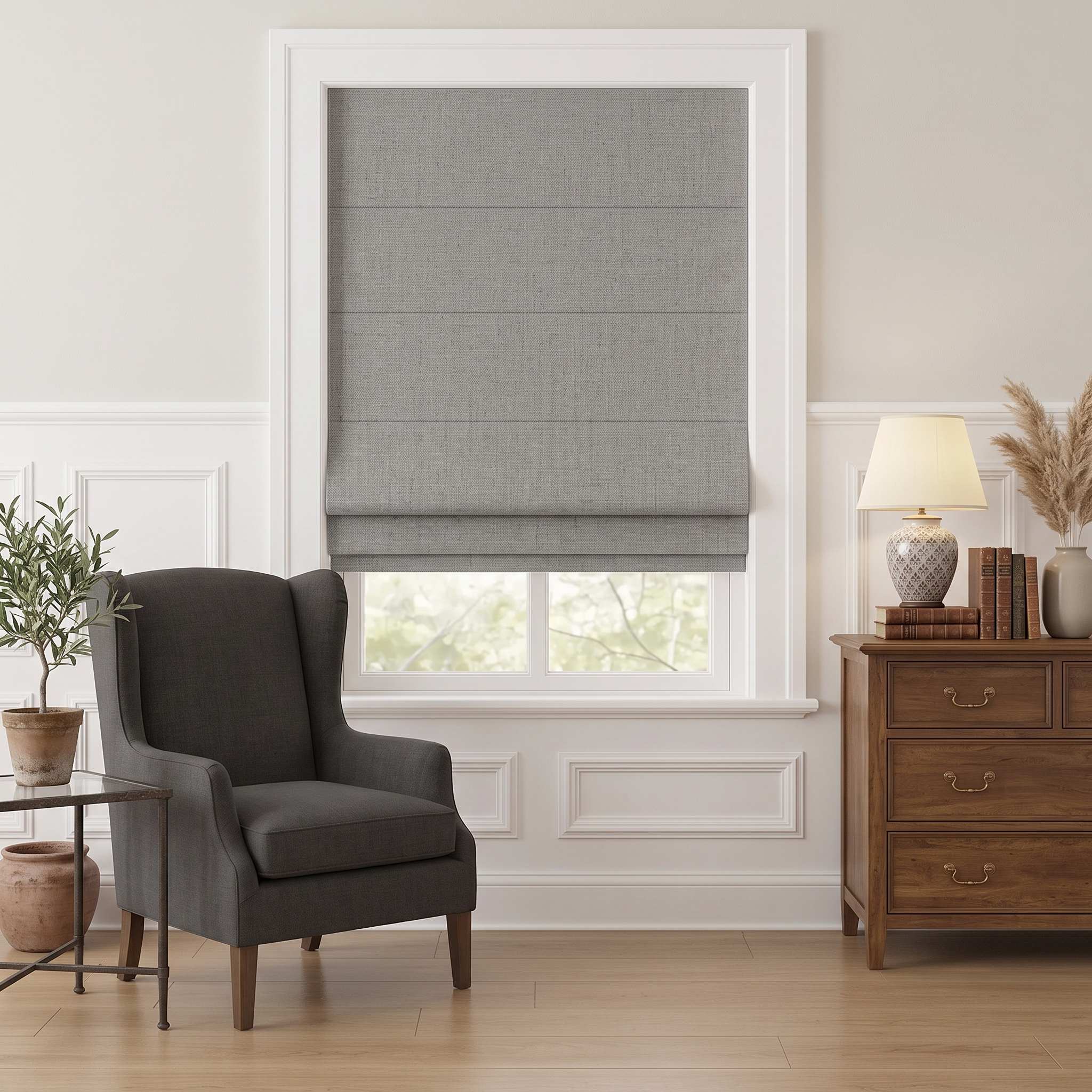 DraperyUS Custom Roman Shades - Silver Grey - A bright, metallic-toned grey for modern interiors.
