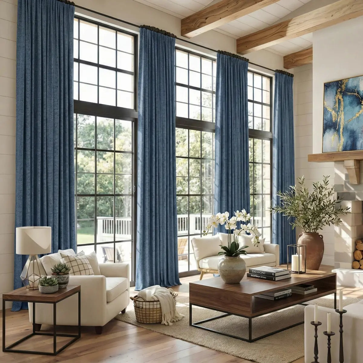 DraperyUS Custom Extra Long 100% Blackout Linen Curtains - Ink Blue - A profound and deep midnight blue tone.