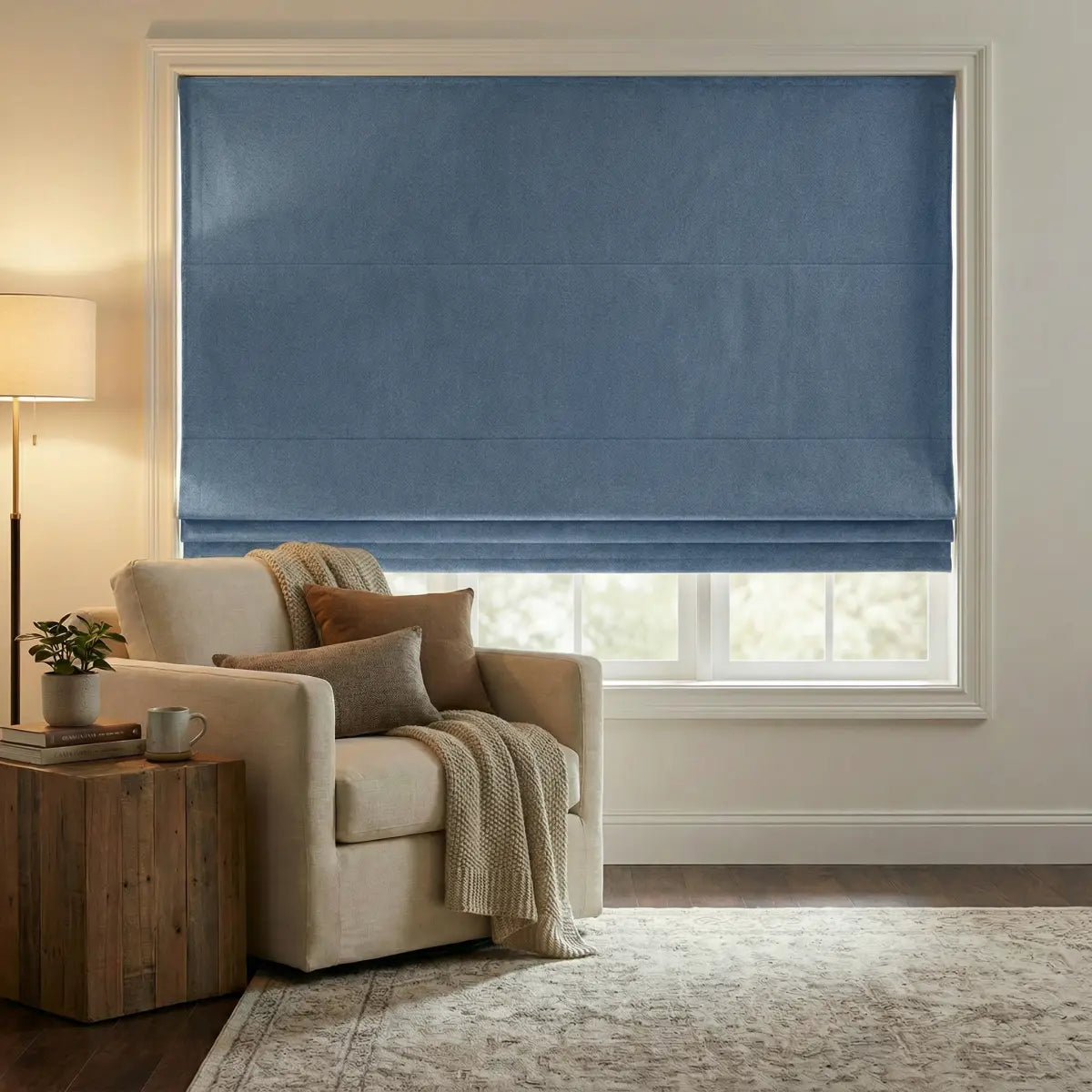 DraperyUS Custom Roman Shades - Sky Blue - A pure and vibrant blue for a bright room.