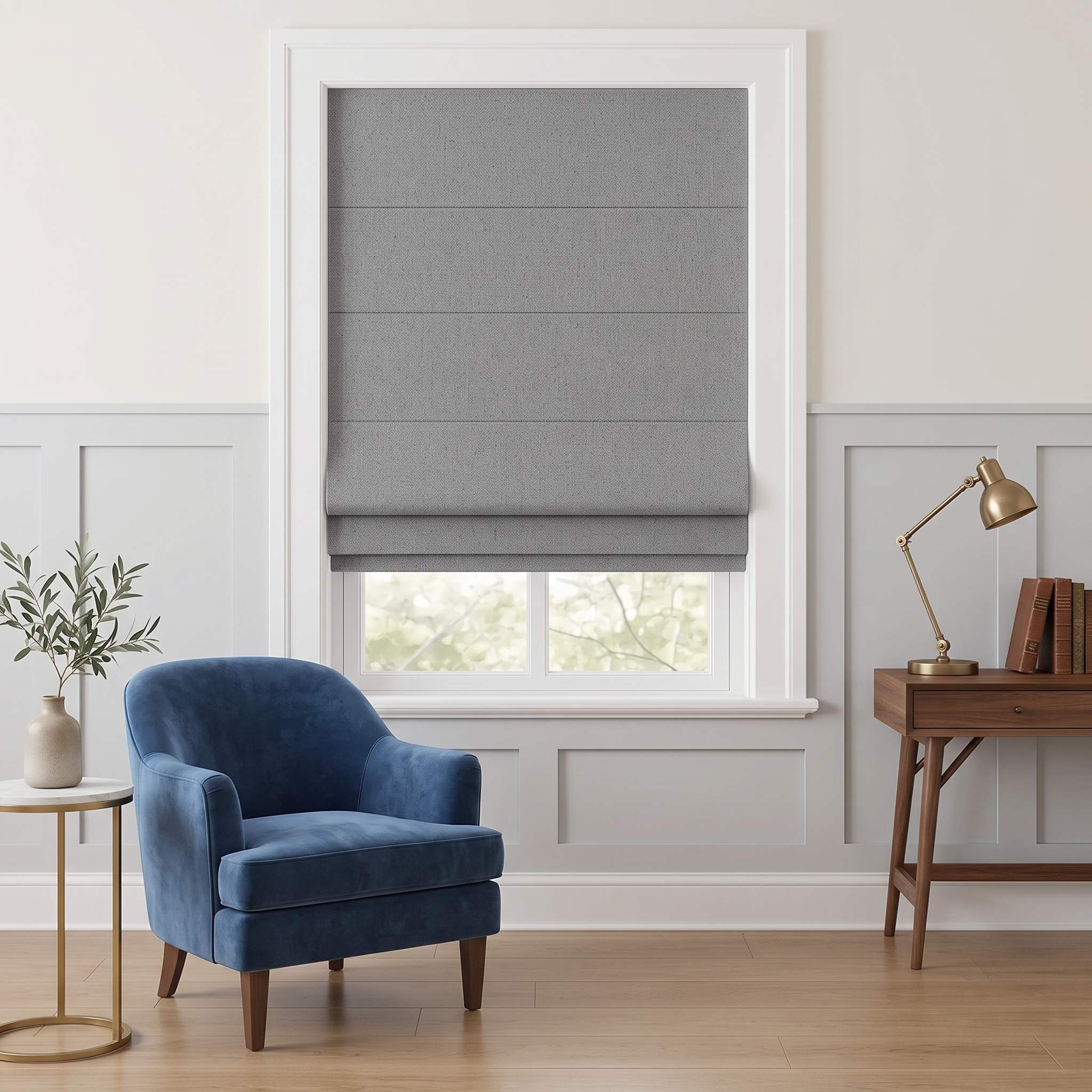 DraperyUS Custom Roman Shades - Light Grey - A classic, cool-toned neutral color.