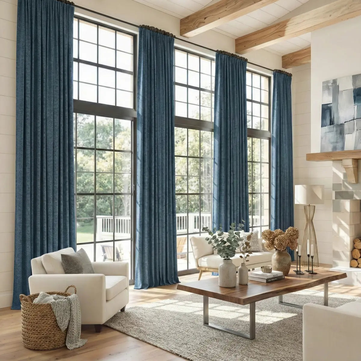 DraperyUS Custom Extra Long 100% Blackout Linen Curtains - Sky Blue - A pure and vibrant blue for a bright room.
