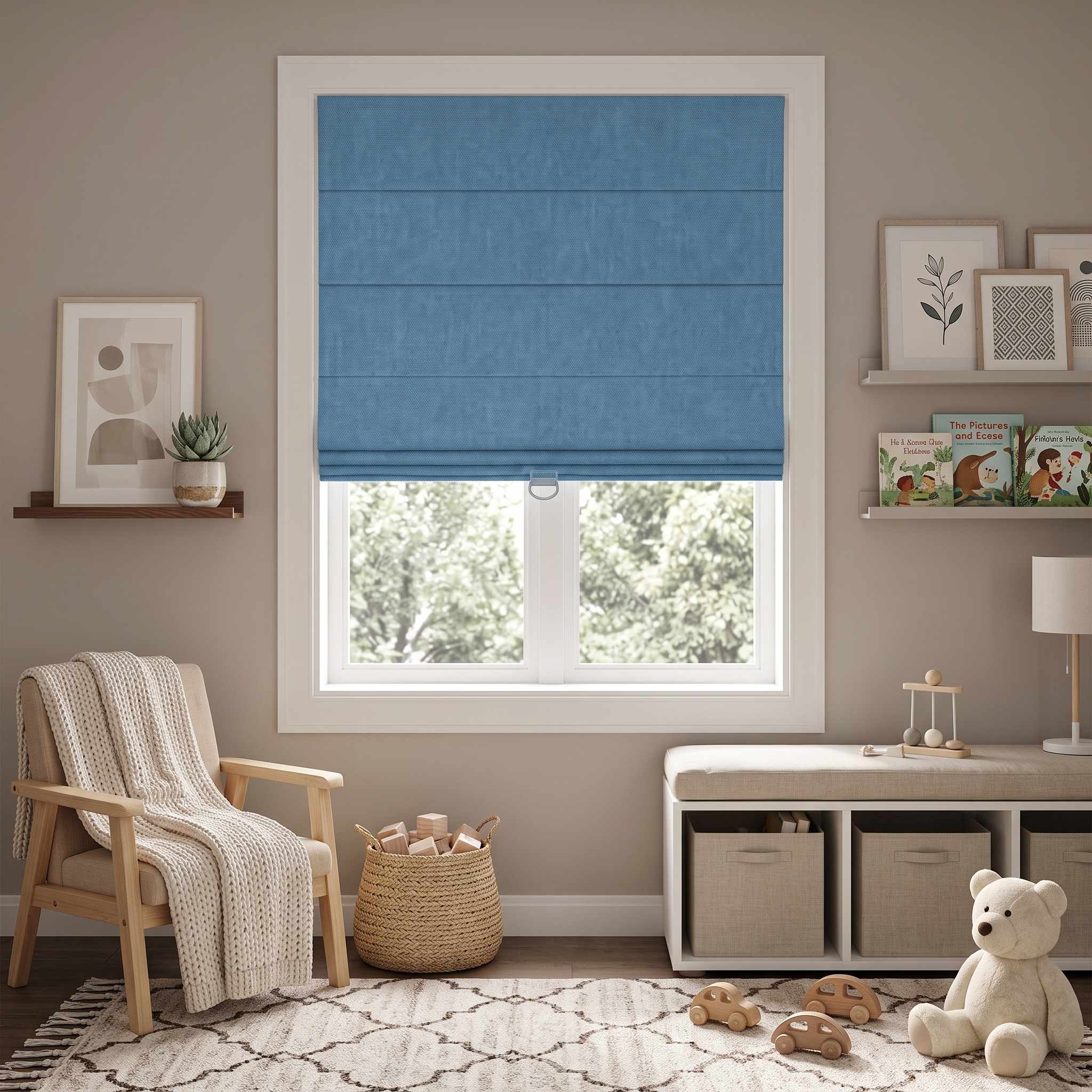 DraperyUS Custom Roman Shades - Sky Blue - A pure and vibrant blue for a bright room.