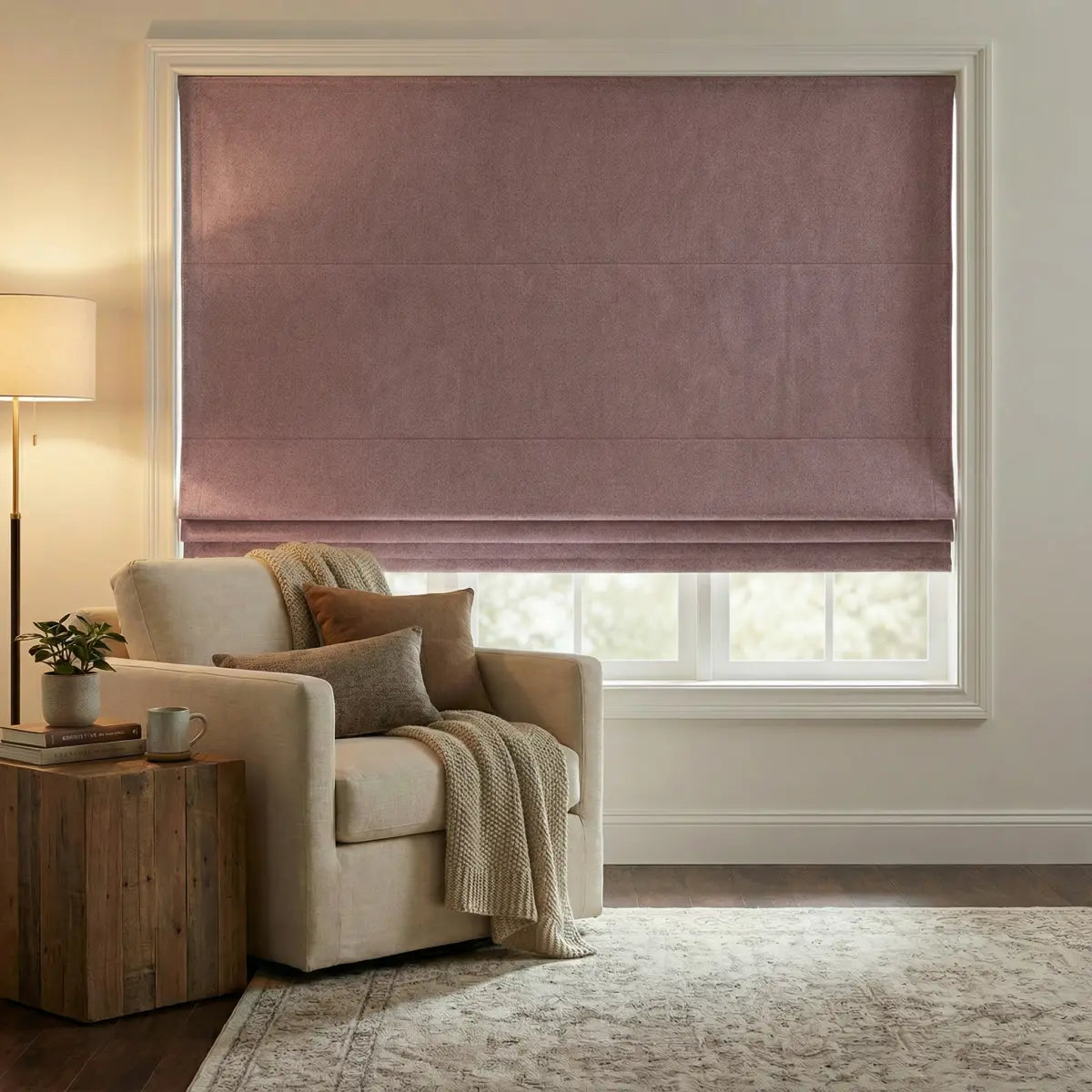 DraperyUS Custom Roman Shades - Dusty Rose - A grey-toned purple-pink for a romantic touch.