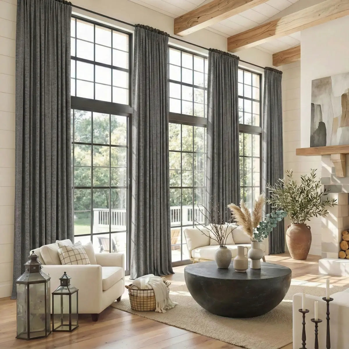 DraperyUS Custom Extra Long 100% Blackout Linen Curtains - Smoke Grey - A concentrated and deep smoky grey tone.