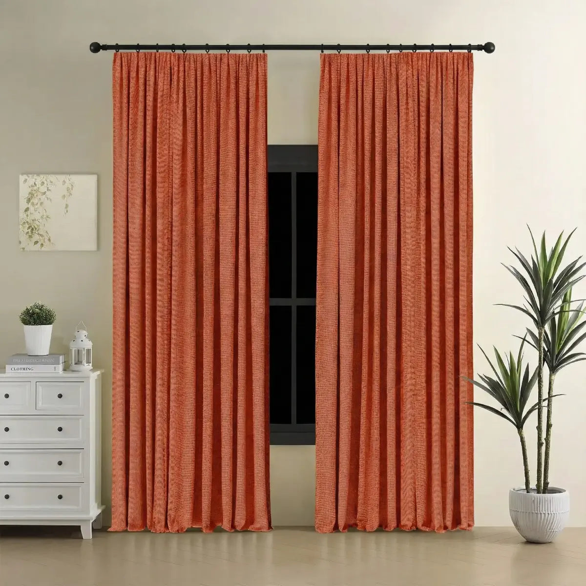 DraperyUS Custom Blackout Linen Curtains - Coral/Terracotta - A warm and earthy reddish-orange tone.