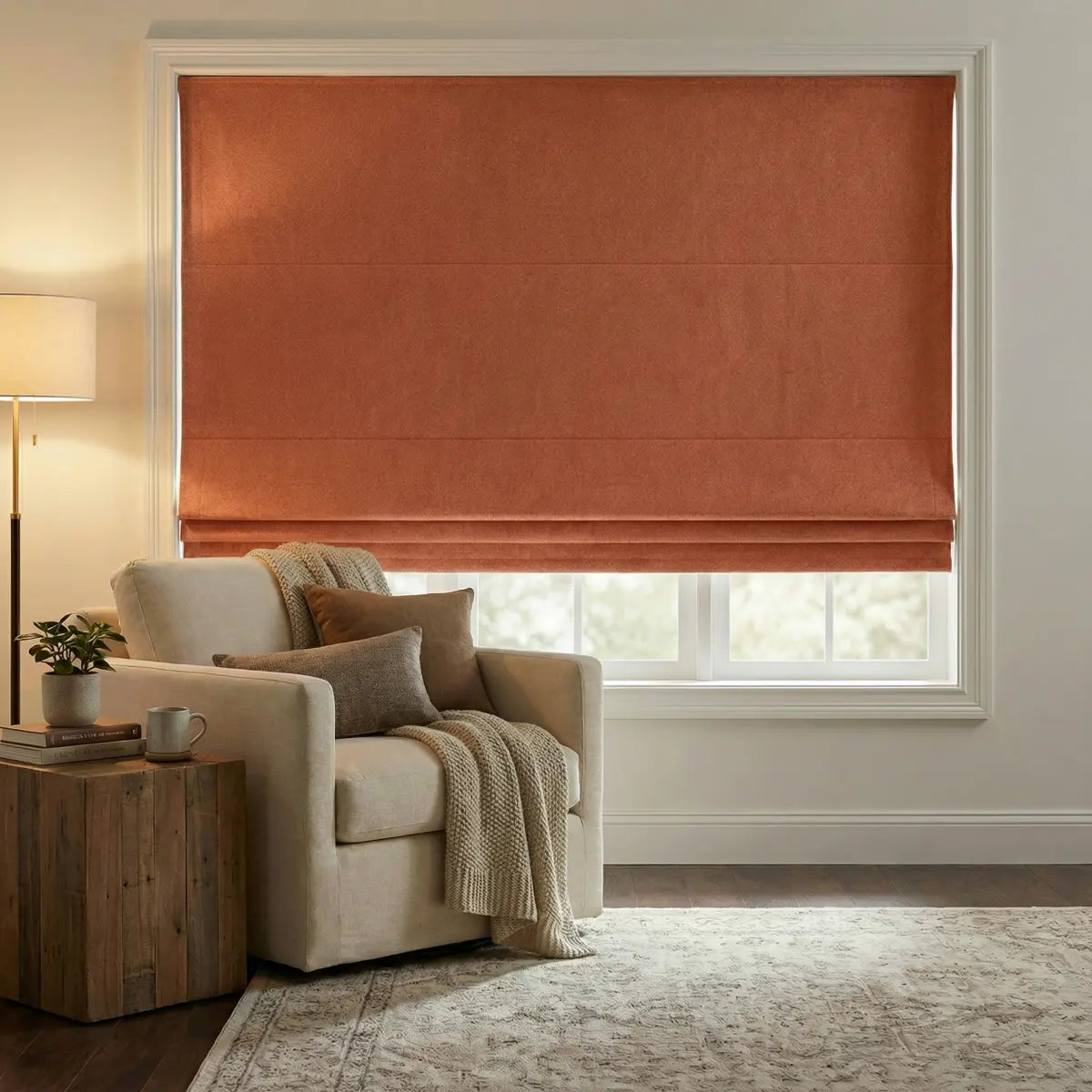 DraperyUS Custom Roman Shades - Coral/Terracotta - A warm and earthy reddish-orange tone.