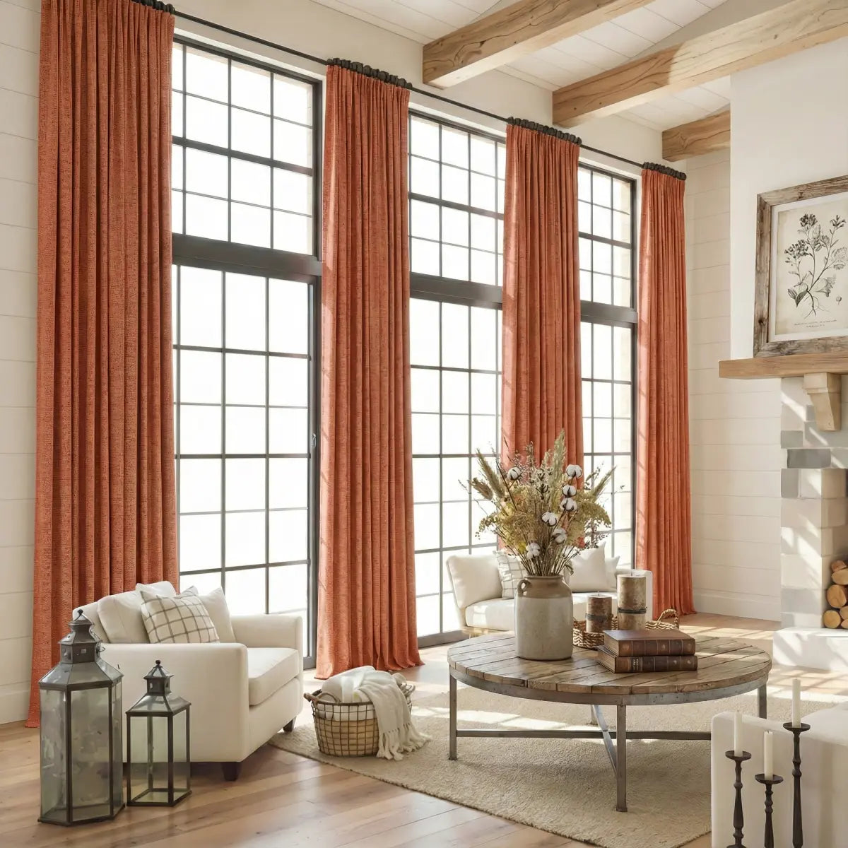 DraperyUS Custom Extra Long 100% Blackout Linen Curtains - Coral/Terracotta - A warm and earthy reddish-orange tone.