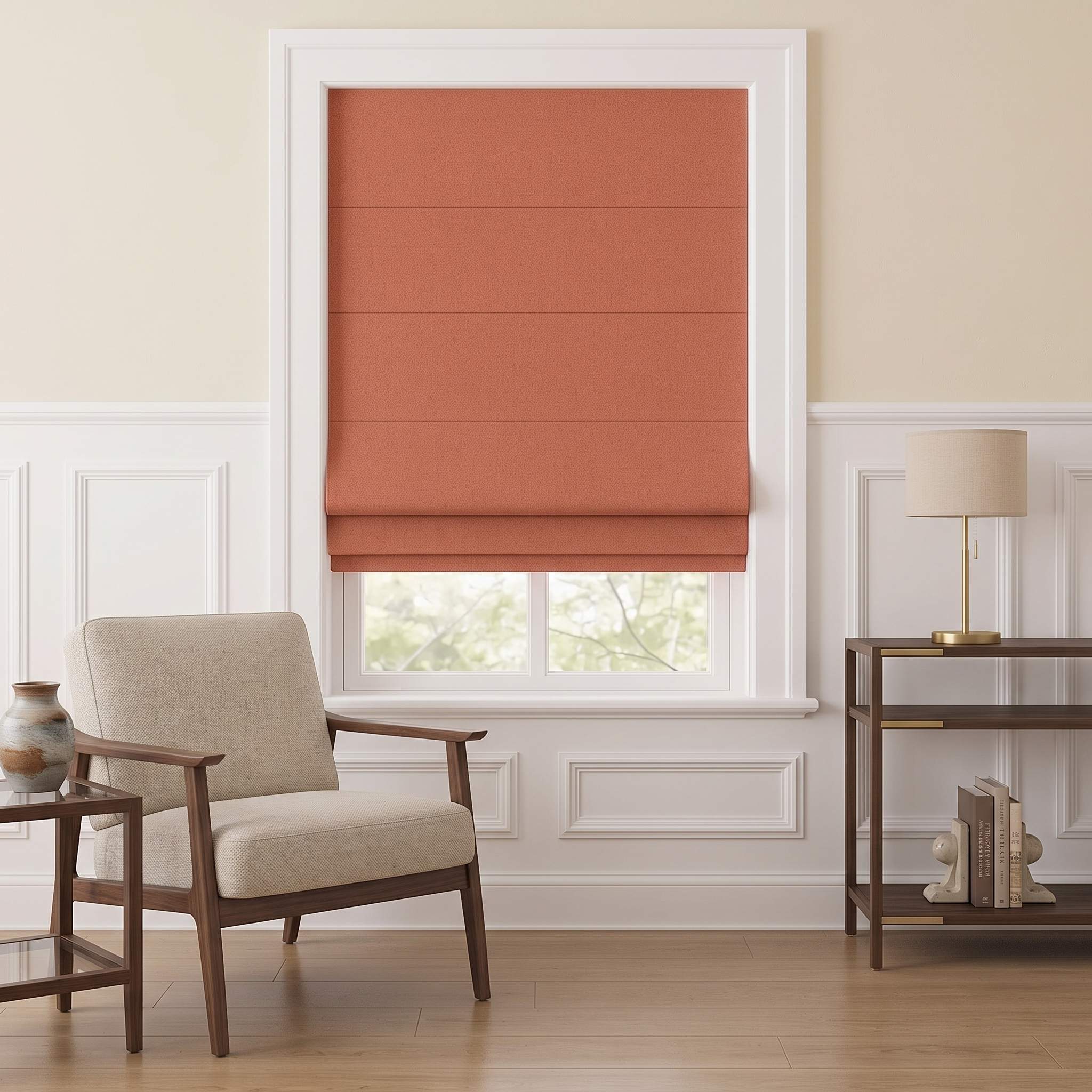 DraperyUS Custom Roman Shades - Coral/Terracotta - A warm and earthy reddish-orange tone.