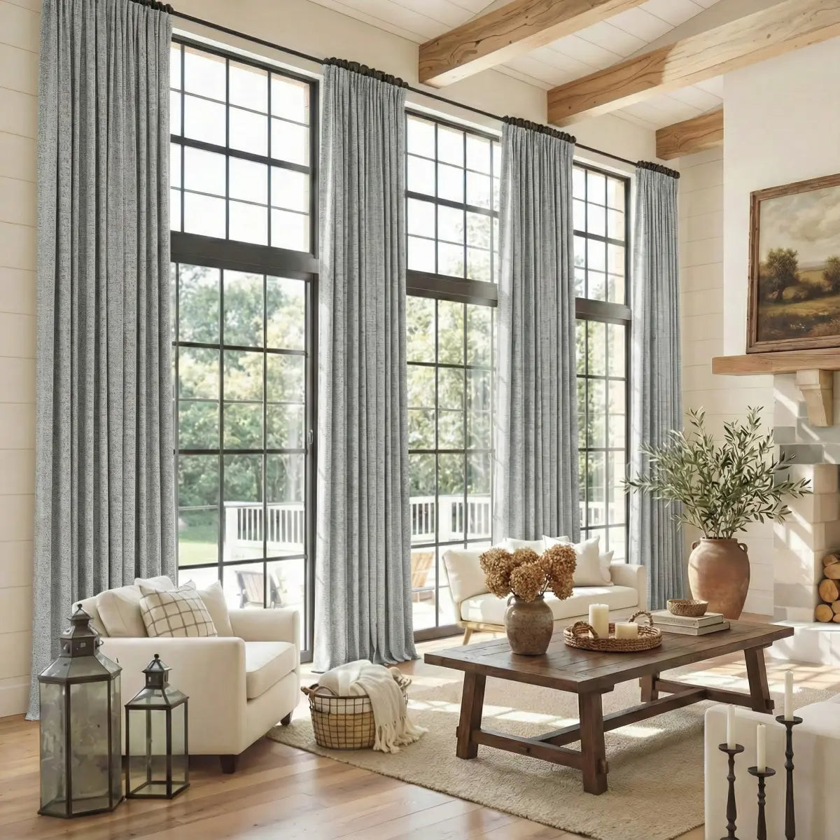 DraperyUS Custom Extra Long 100% Blackout Linen Curtains - Off-White/Cloud - An extremely light grey-white for a clean look.