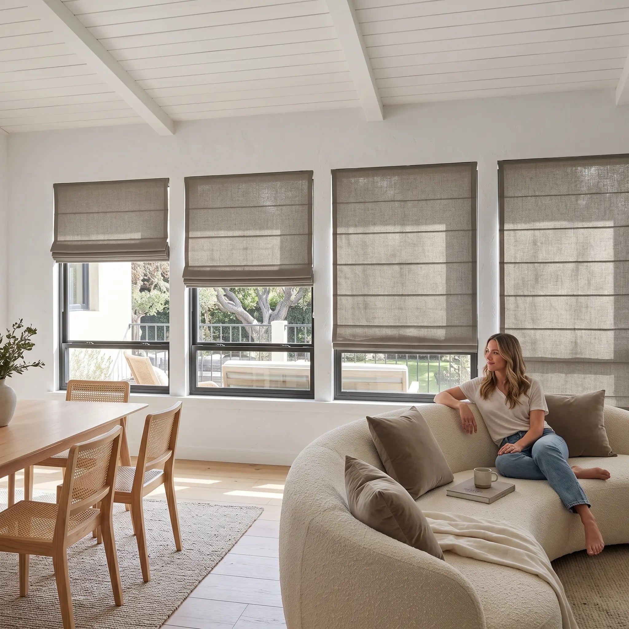 Custom Cordless Light Filtering Linen Roman Shades - Natural Texture, Made to Measure