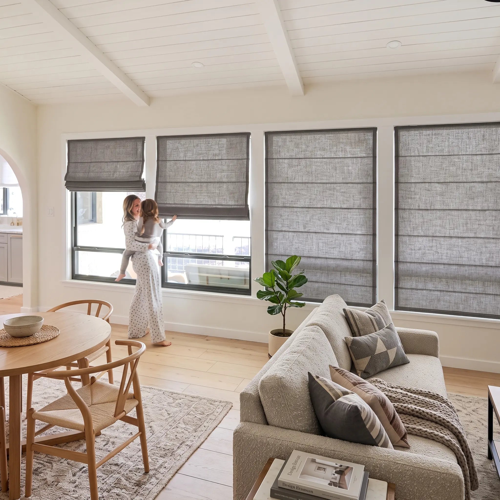 Custom Cordless Light Filtering Linen Roman Shades - Natural Texture, Made to Measure