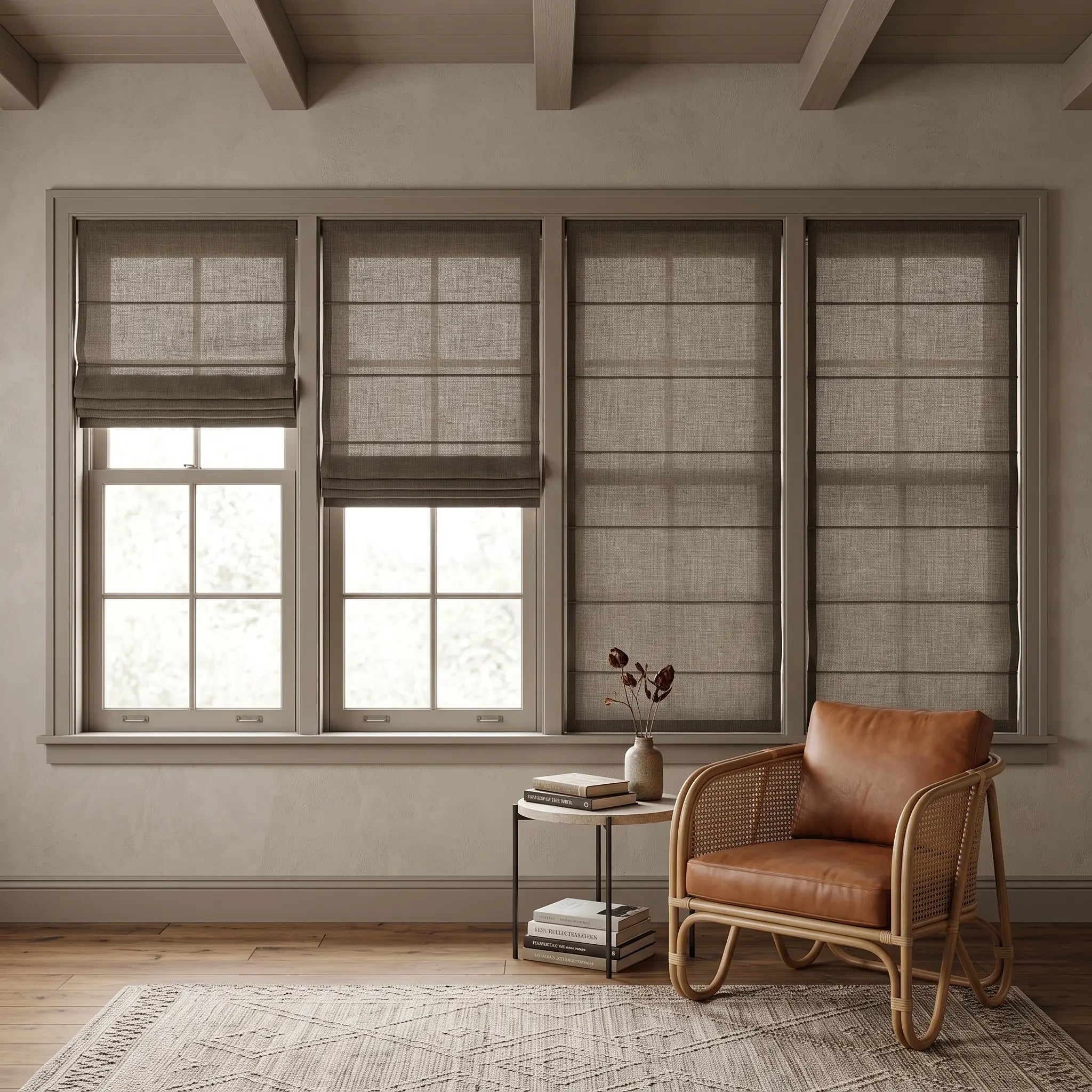 Custom Cordless Light Filtering Linen Roman Shades - Natural Texture, Made to Measure
