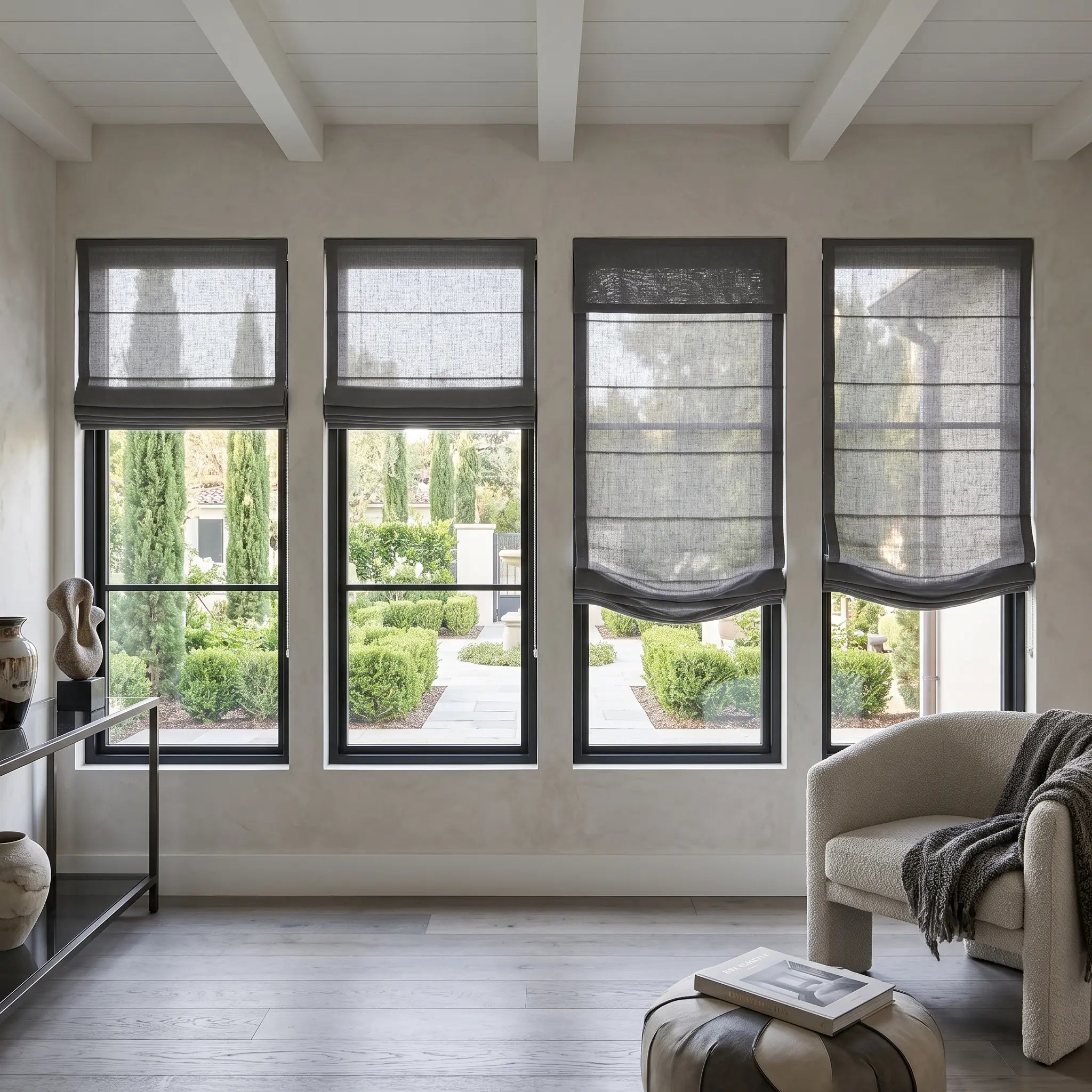 Custom Cordless Light Filtering Linen Roman Shades - Natural Texture, Made to Measure