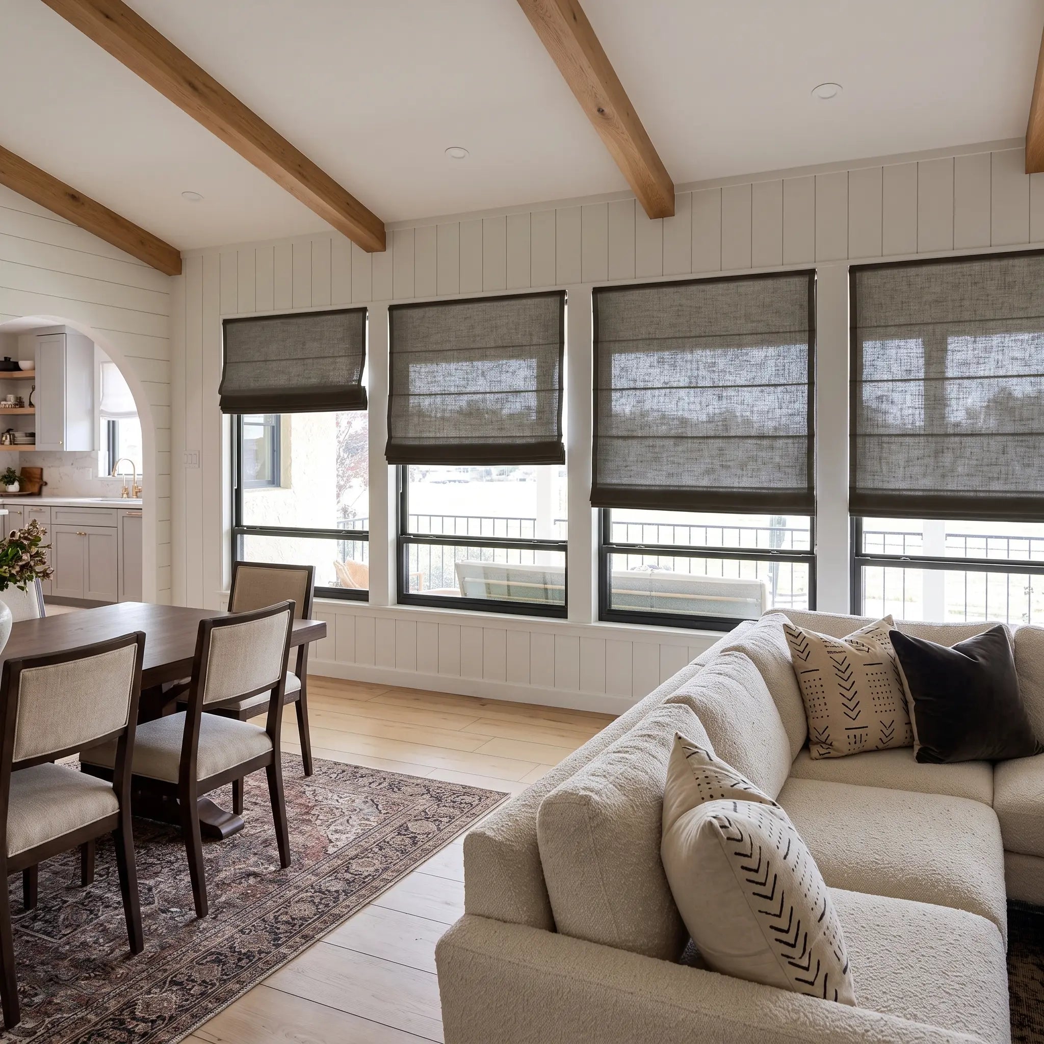 Custom Cordless Light Filtering Linen Roman Shades - Natural Texture, Made to Measure