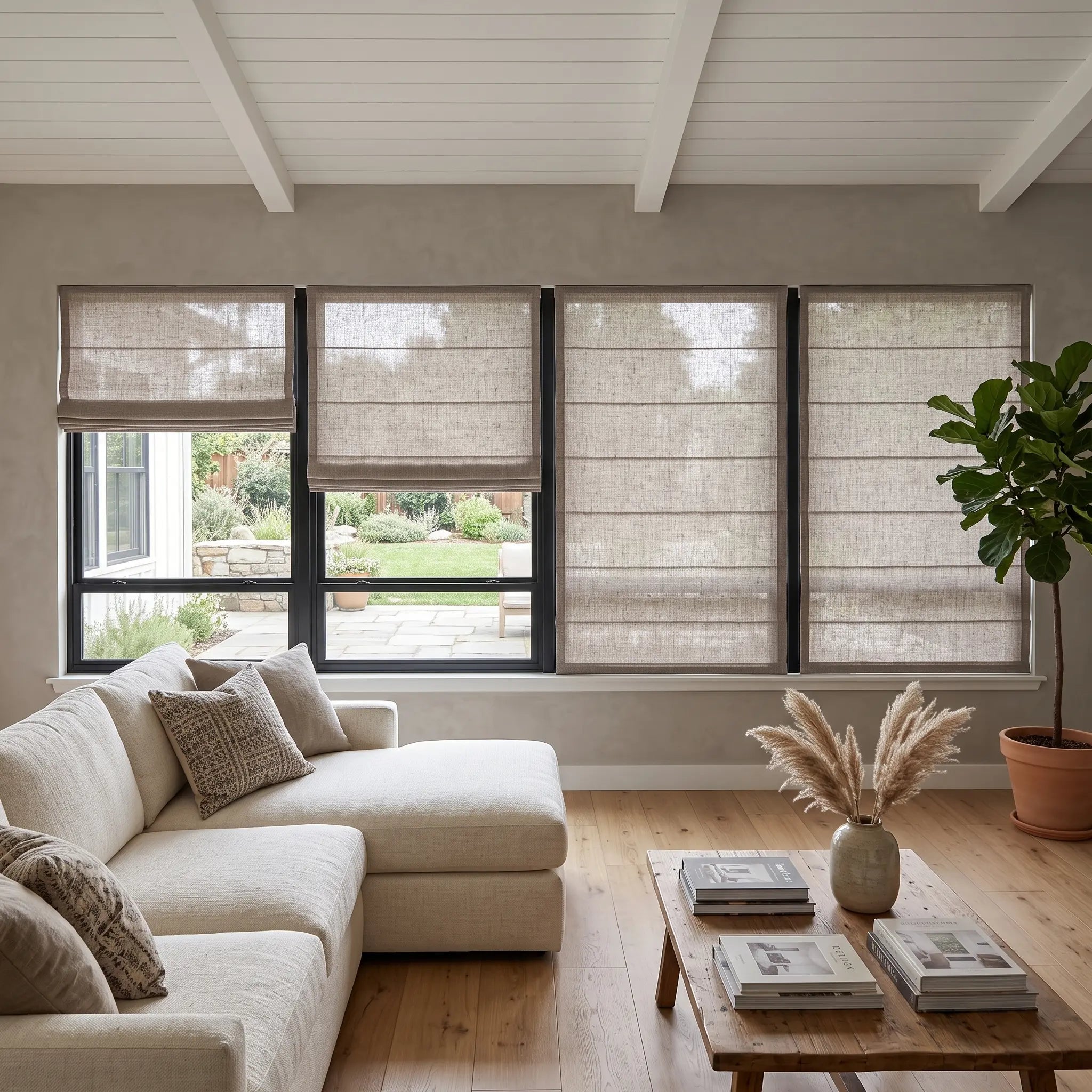 Custom Cordless Light Filtering Linen Roman Shades - Natural Texture, Made to Measure