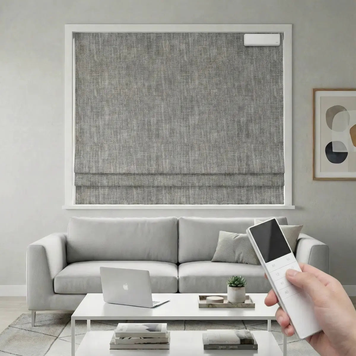 Custom 100% Blackout Motorized Roman Shades, Magnetic Battery-operated, Bamboo Texture.