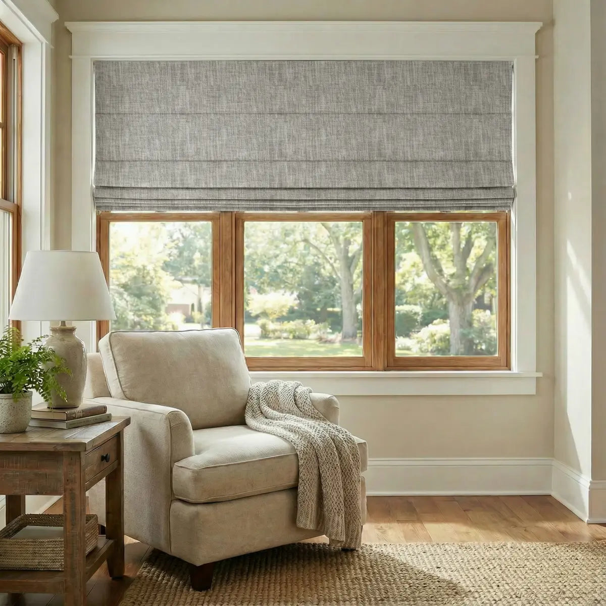 DraperyUS Custom Roman Shades - Ash Beige - A perfect blend of cool ash and warm beige for versatile styling.