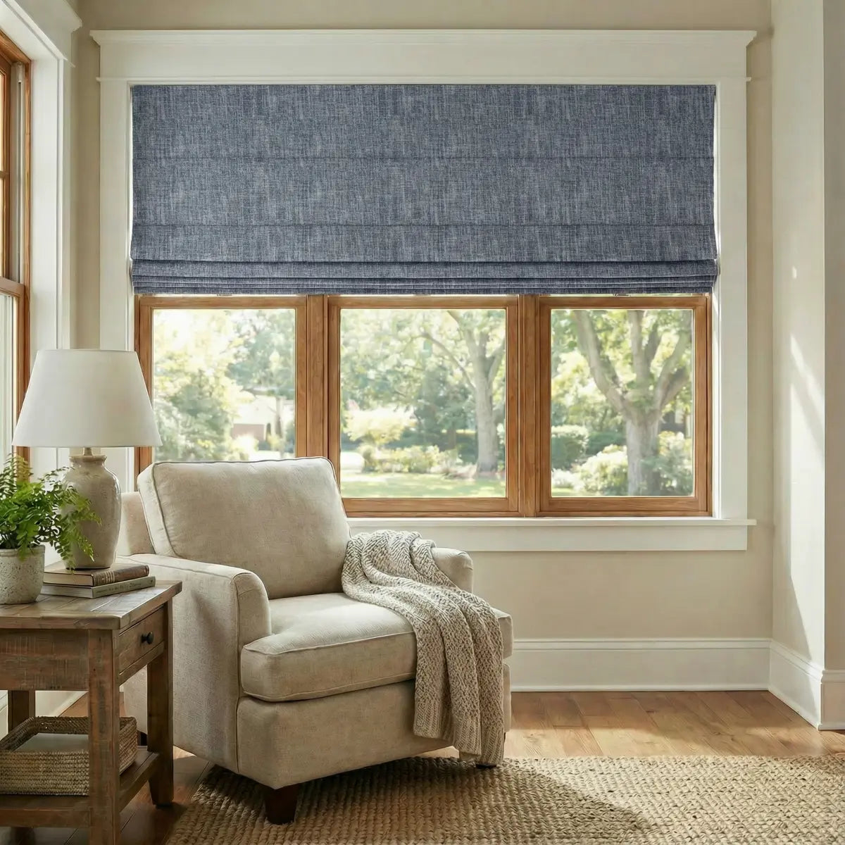 DraperyUS Custom Roman Shades - Denim Wash - A casual yet chic blue with a rugged, faded fabric appeal.