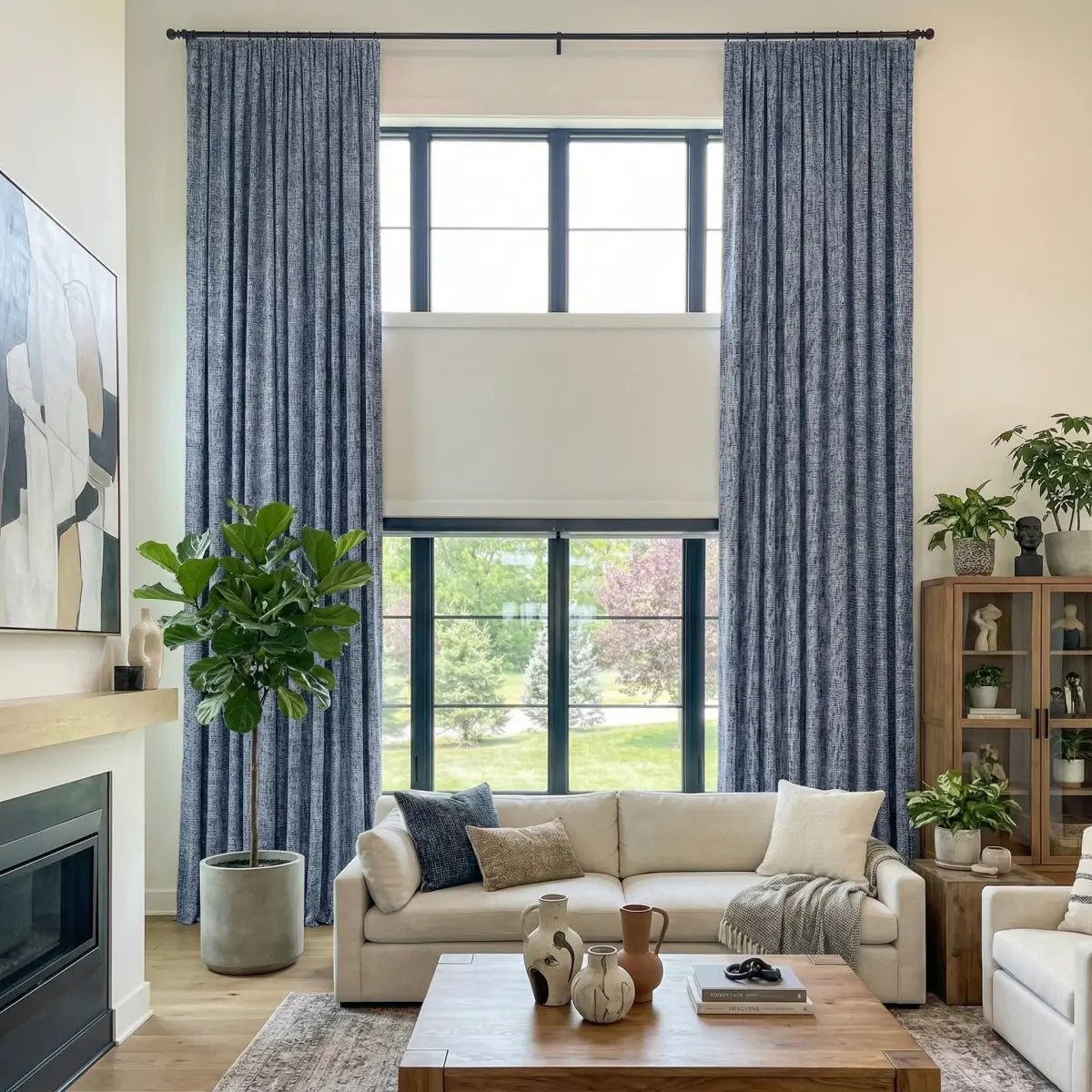 DraperyUS Costom Extra Long 100% Blackout Linen Curtains - Denim Wash - A casual yet chic blue with a rugged, faded fabric appeal.
