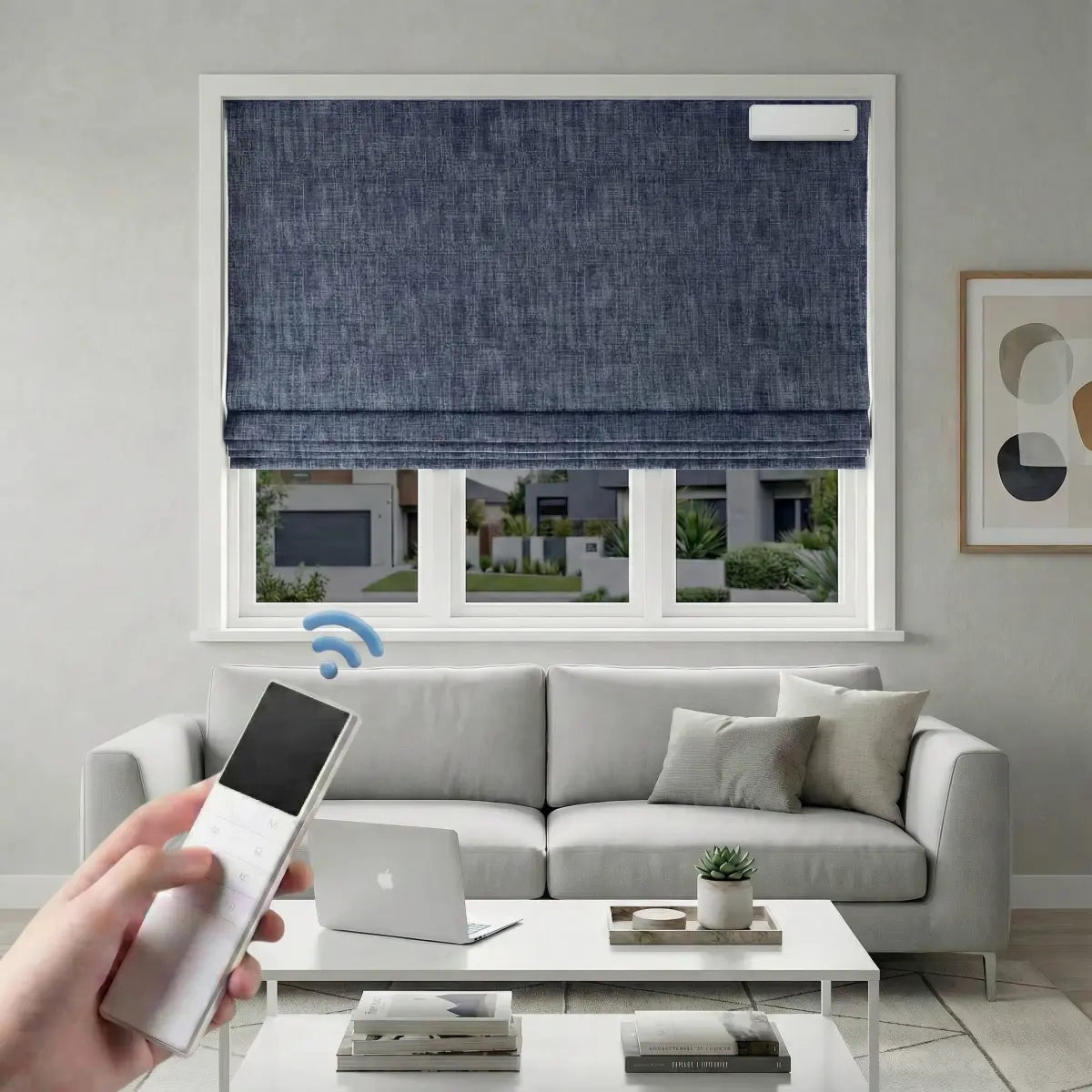 Custom 100% Blackout Motorized Roman Shades, Magnetic Battery-operated, Bamboo Texture.