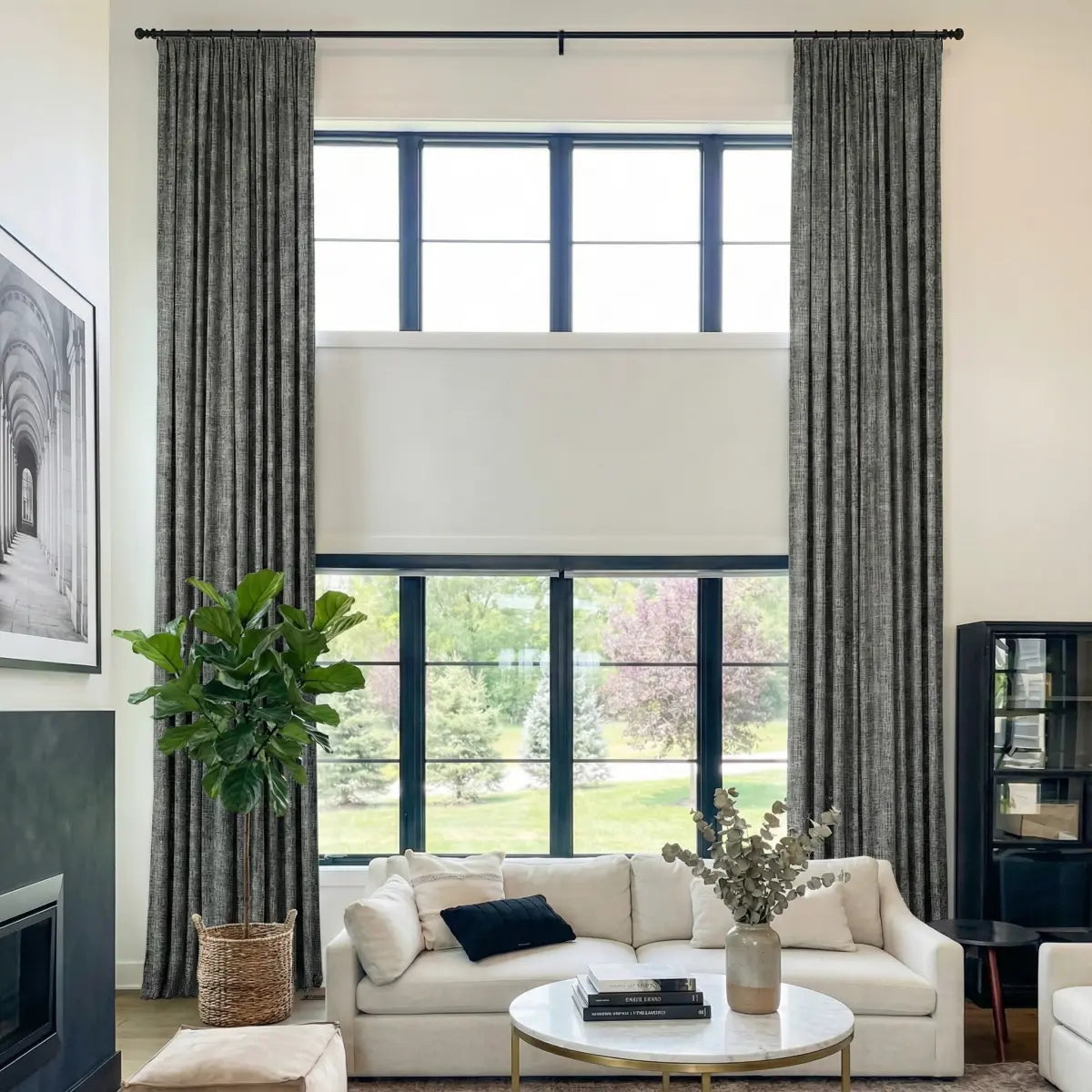 DraperyUS Costom Extra Long 100% Blackout Linen Curtains - Charcoal Weave - A deep, textured grey with high-contrast woven details.