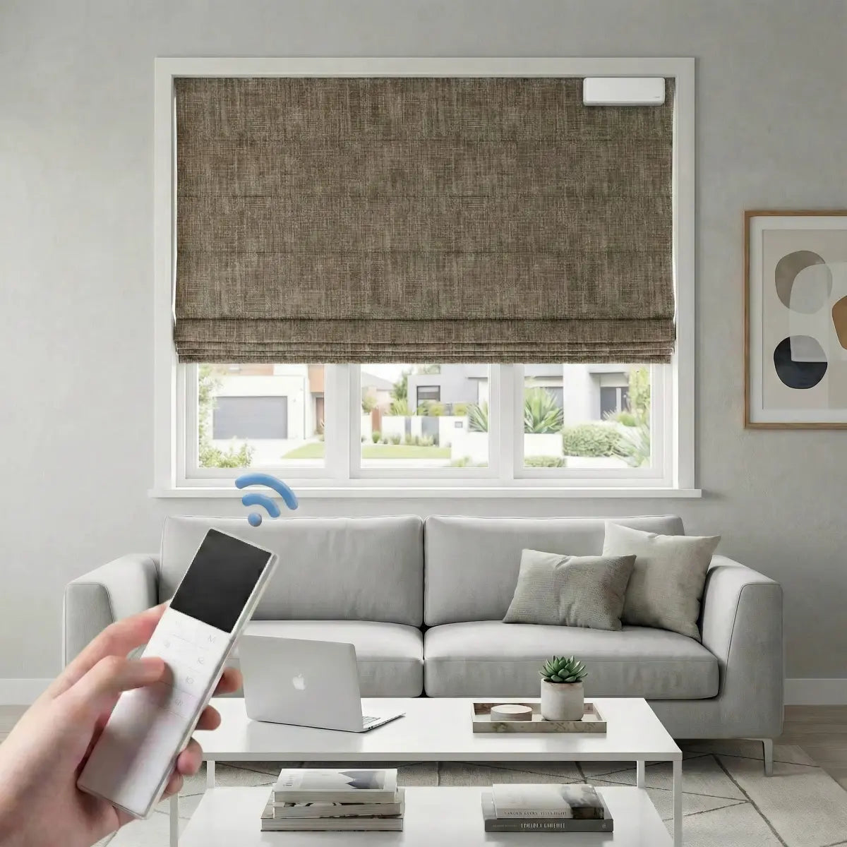 Custom 100% Blackout Motorized Roman Shades, Magnetic Battery-operated, Bamboo Texture.