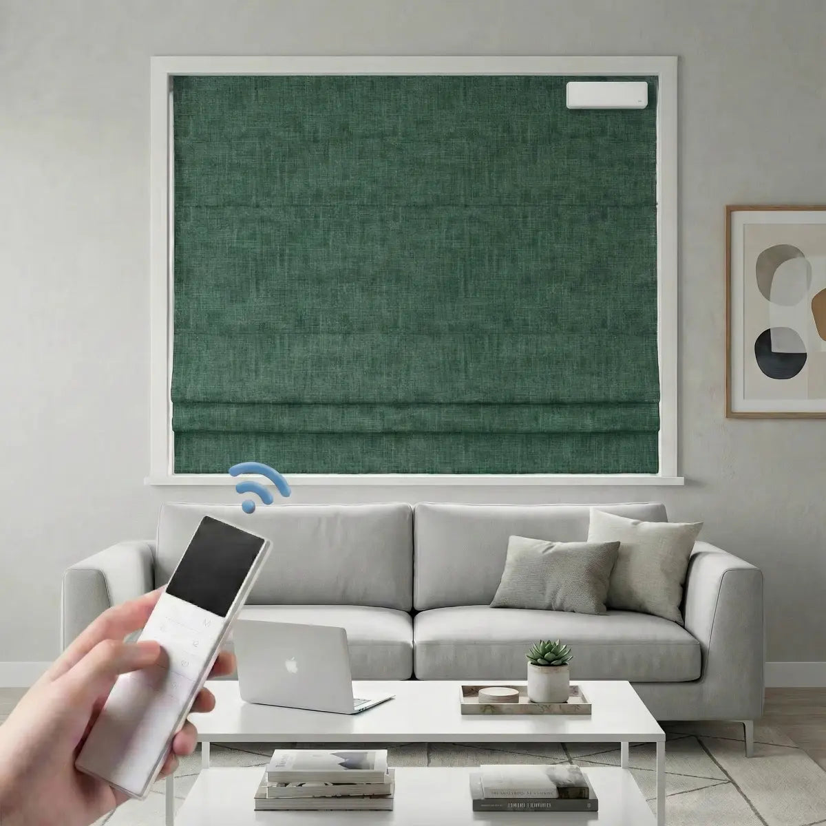 Custom 100% Blackout Motorized Roman Shades, Magnetic Battery-operated, Bamboo Texture.